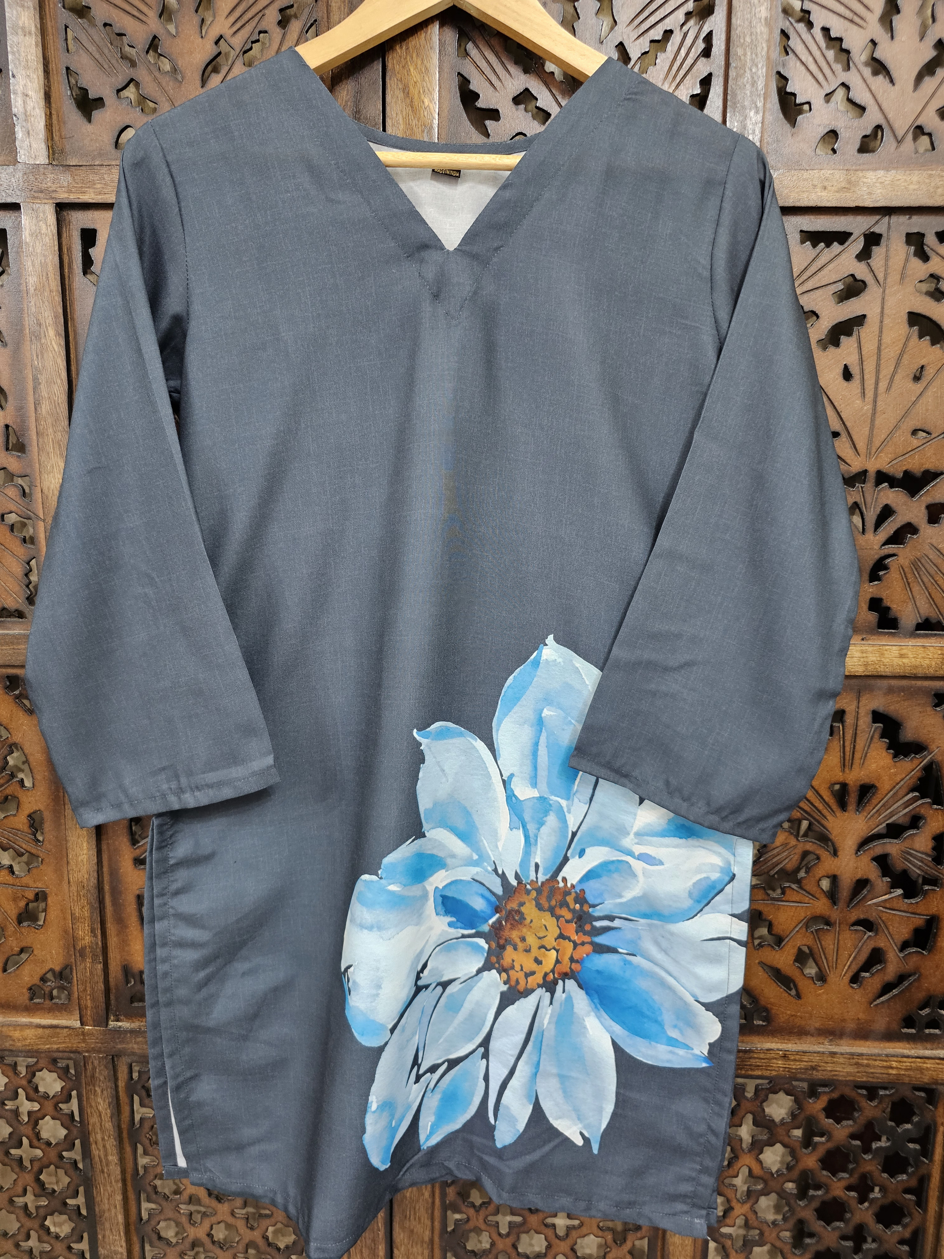 Grey Rayon Straight Floral Print Kurta Pant Co-Ord Set view 2