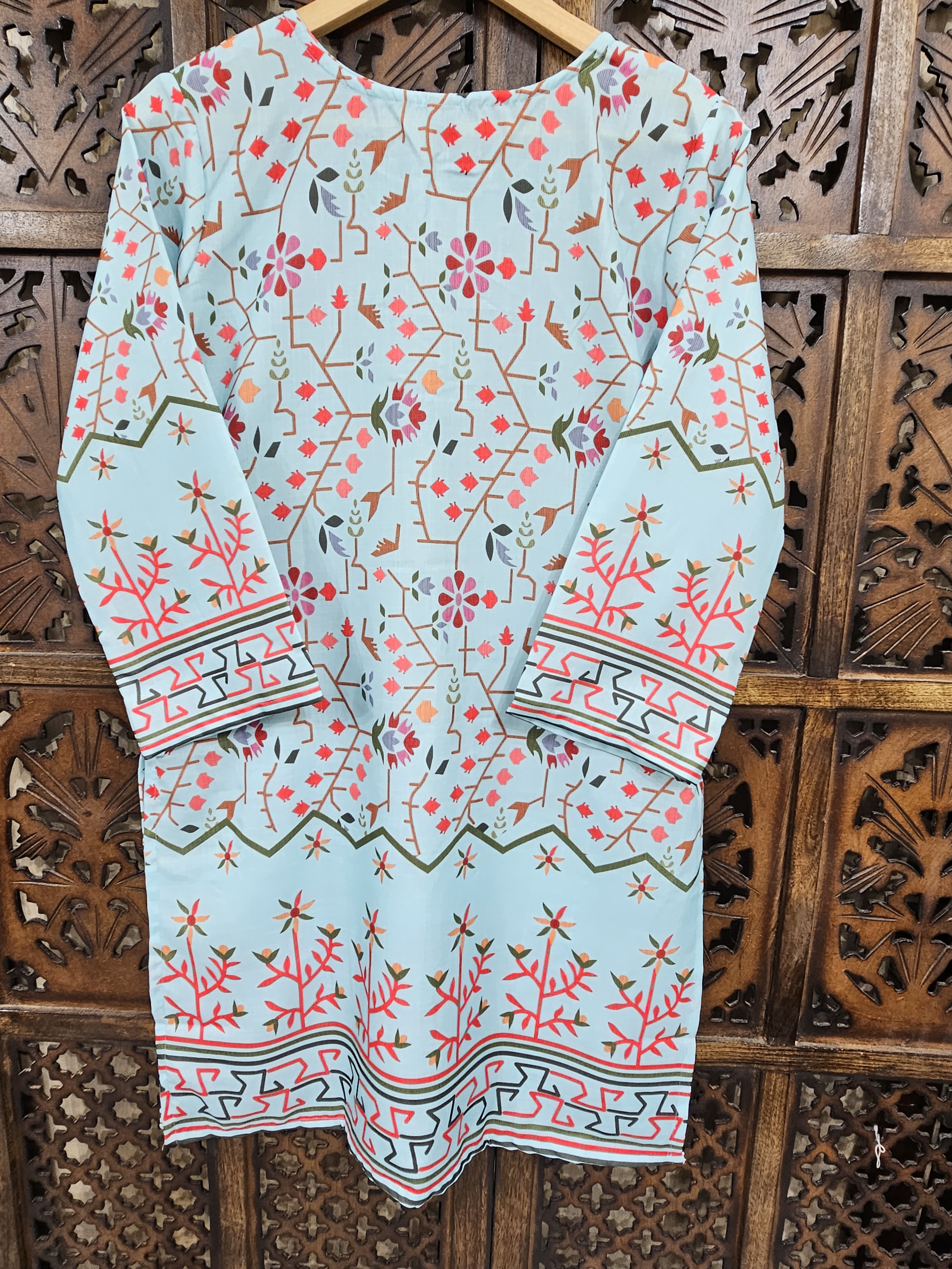 Blue Turkish Slub Cotton Straight Geometric Floral Kurta Pant Co-Ord Set view 4