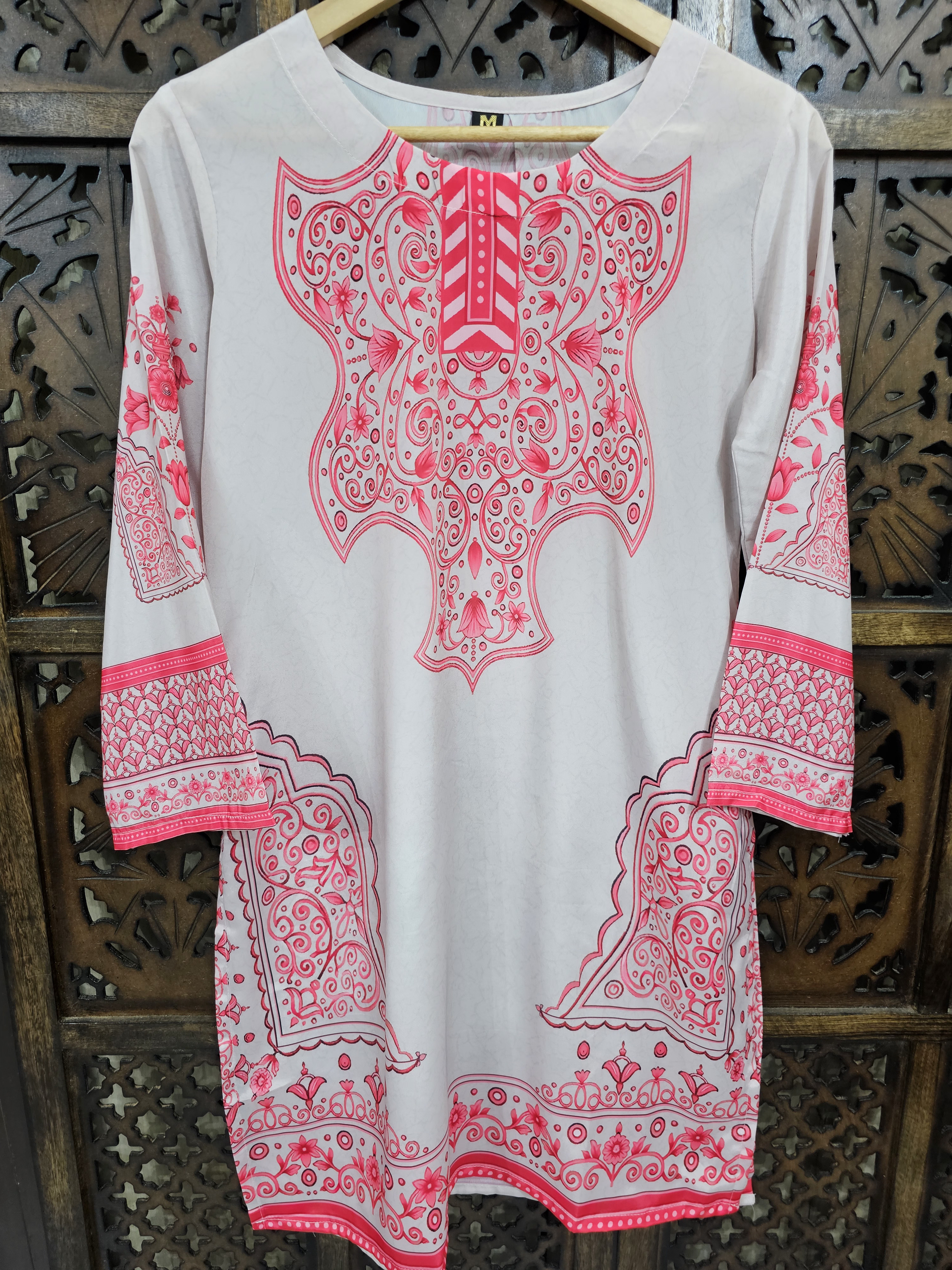 White Pink Crepe Straight Ethnic Print Kurta Pant Co-Ord Set view 2