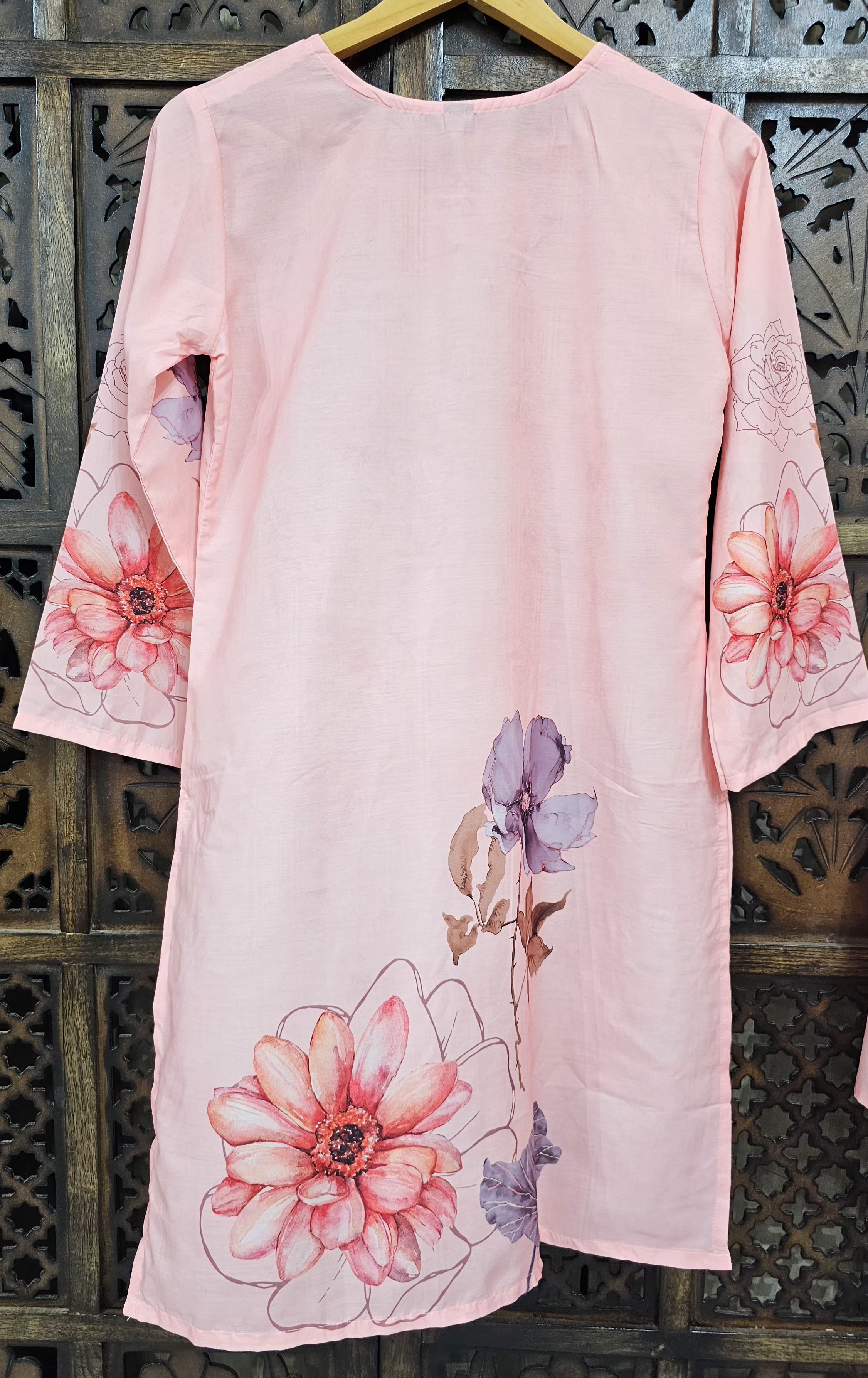Pink Muslin Straight Floral Print Kurta Pant Co-Ord Set view 4