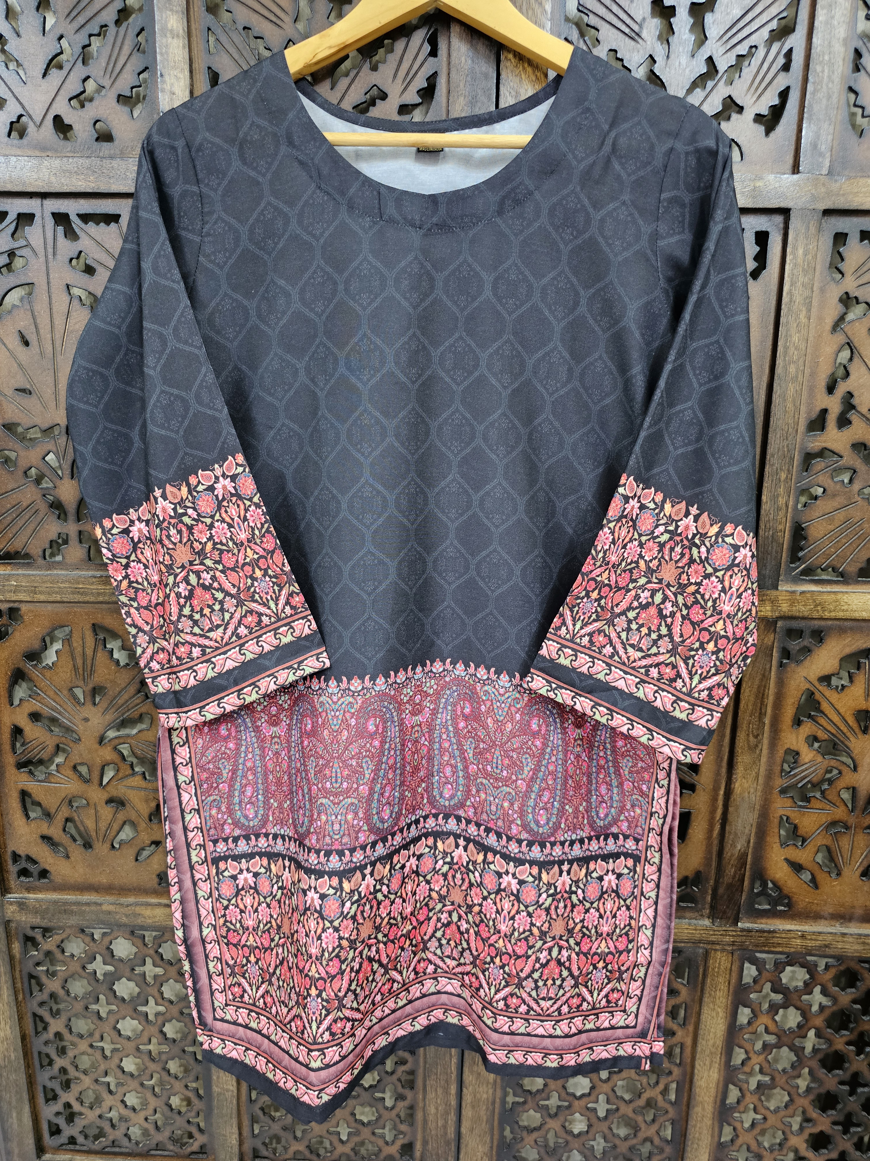 Charcoal Grey Rayon Straight Paisley Print Kurta Palazzo Co-Ord Set view 2