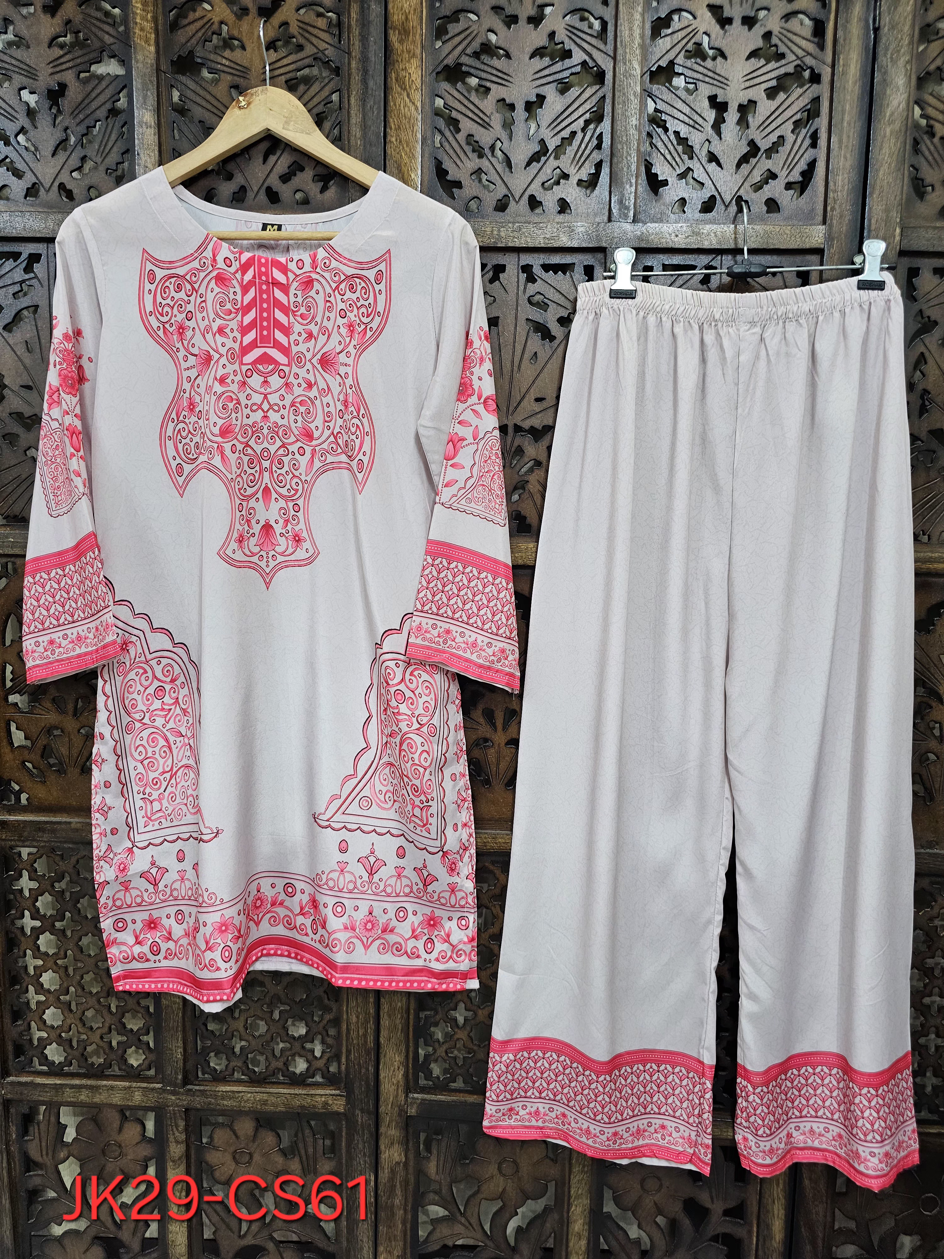 White Pink Crepe Straight Ethnic Print Kurta Pant Co-Ord Set