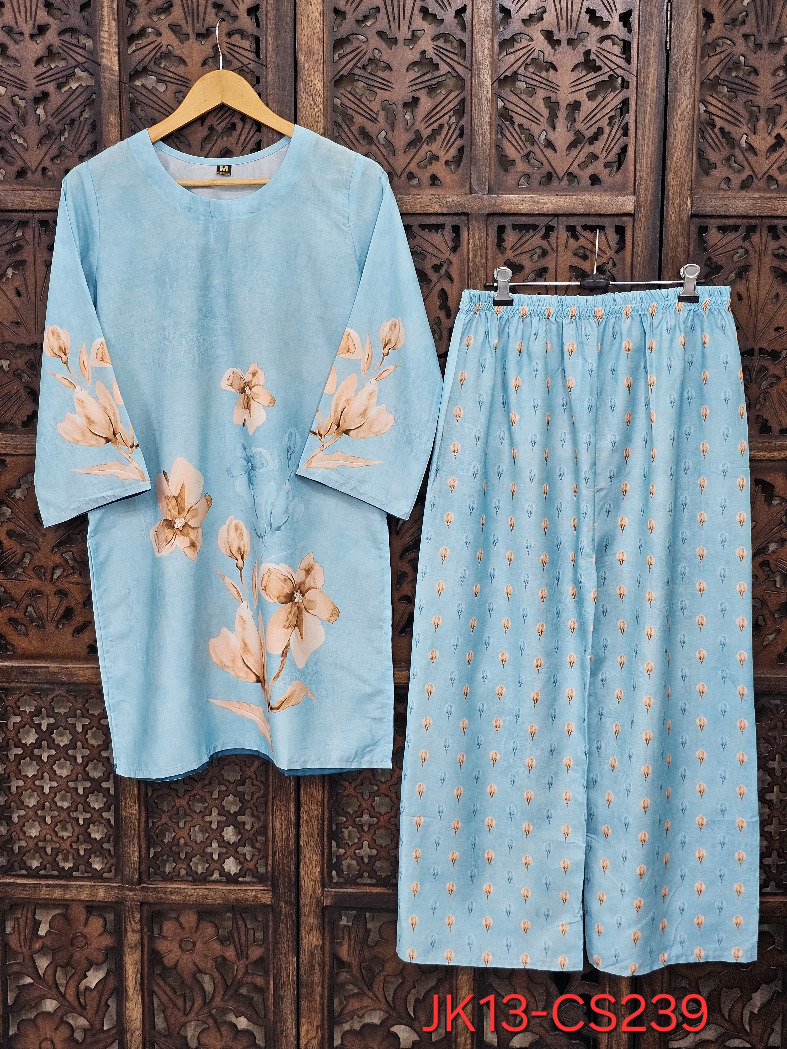 Blue Muslin Straight Floral Print Kurta Pant Co-Ord Set