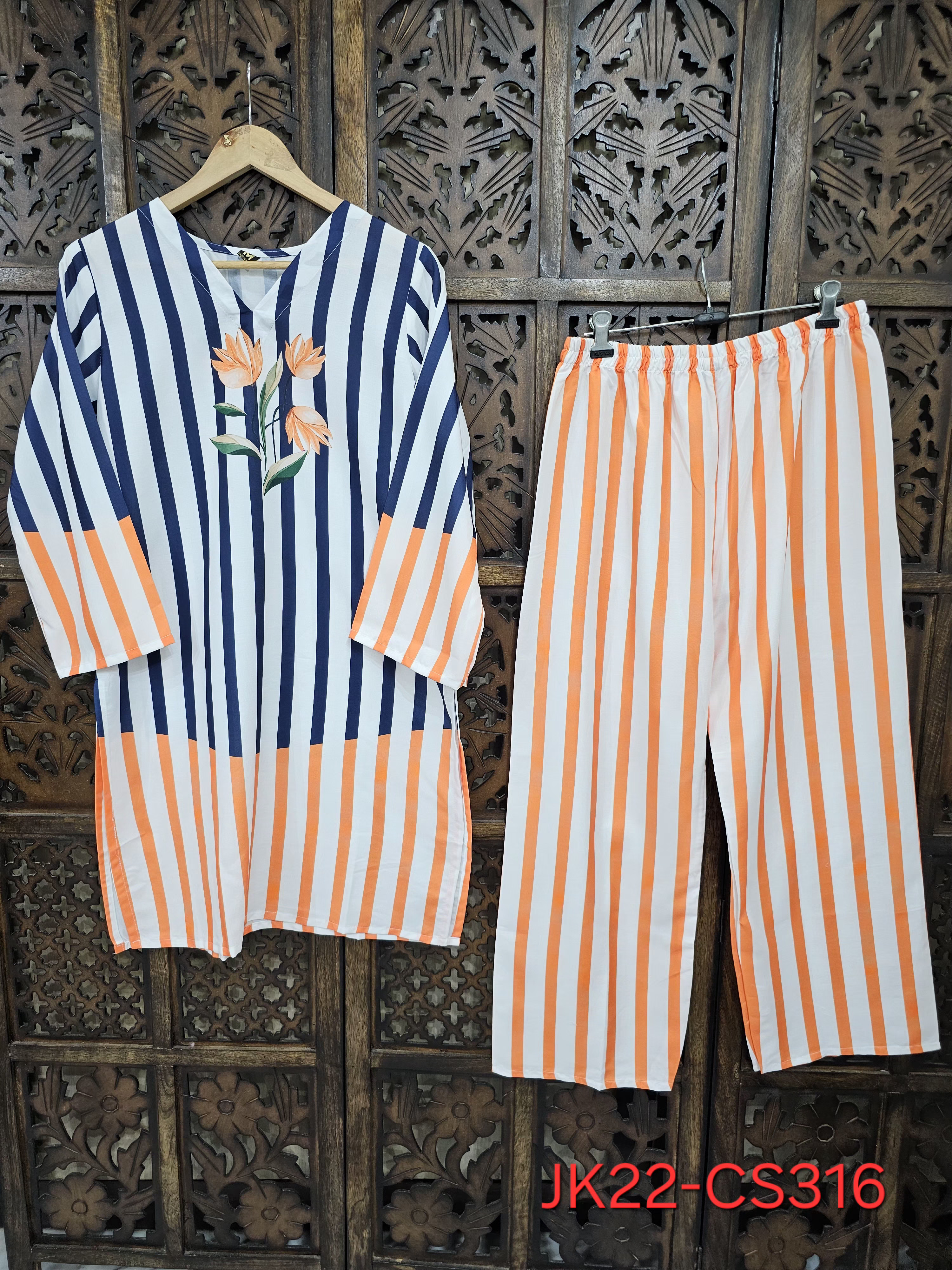 Multicolor Rayon Straight Stripe Floral Print Co-Ord Set view 1