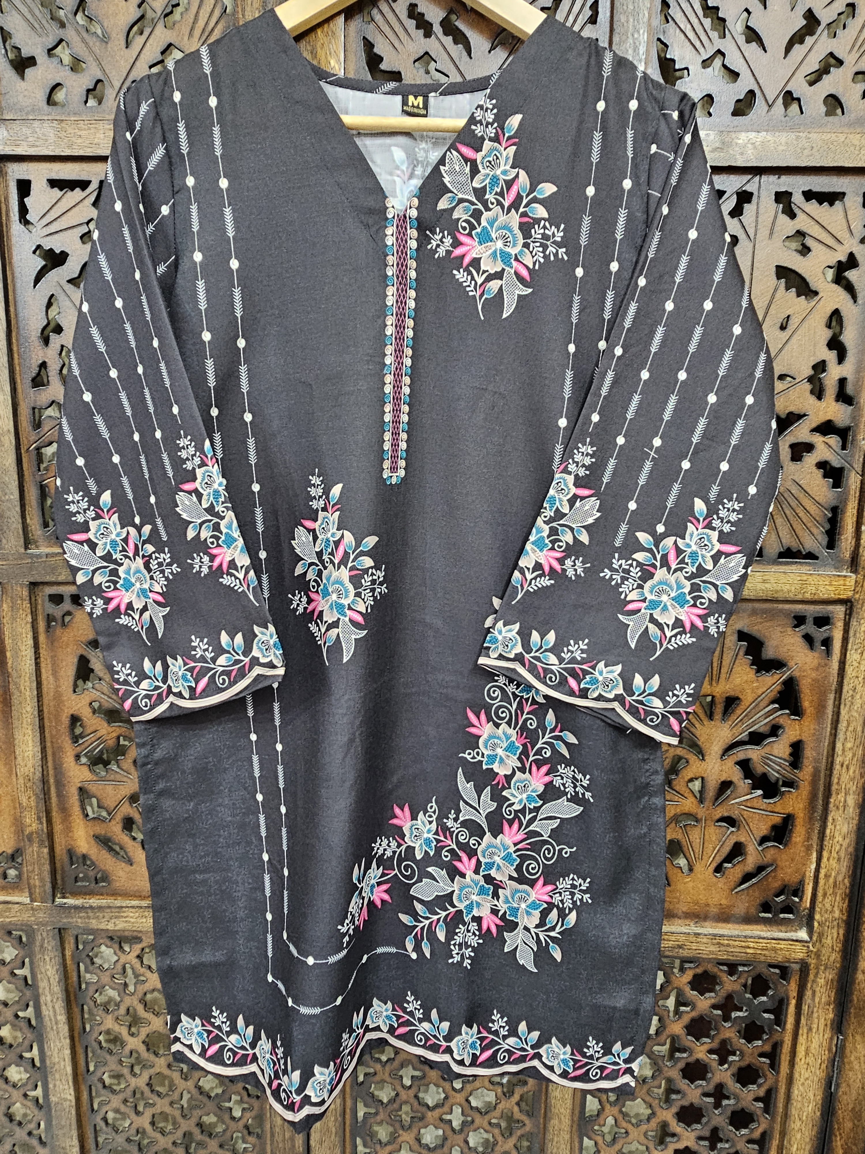Black White Turkish Slub Cotton Straight Kurta Pant Co-Ord Set alternate