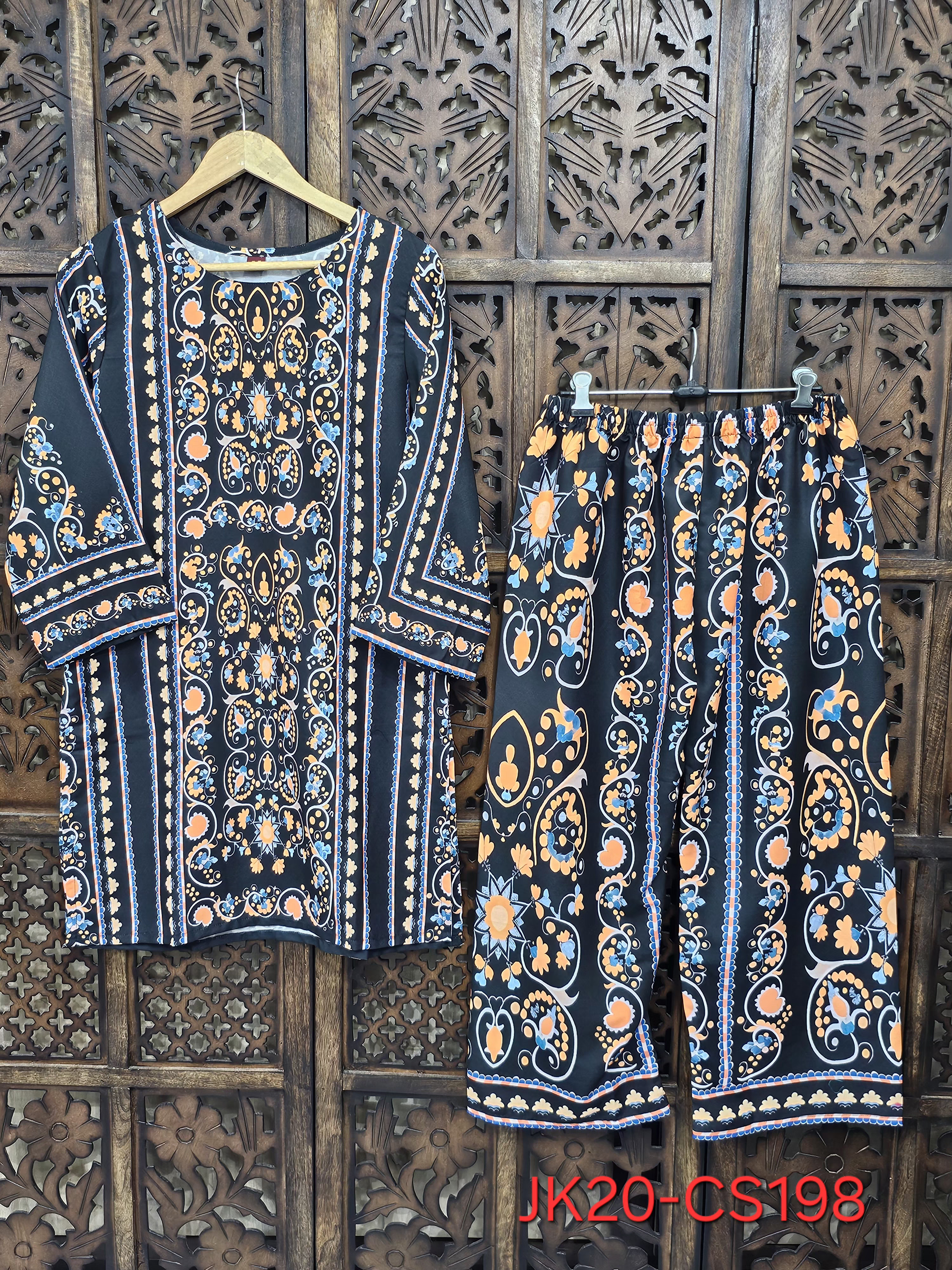 Black Rayon Straight Ethnic Print Kurta Palazzo Co-Ord Set view 1