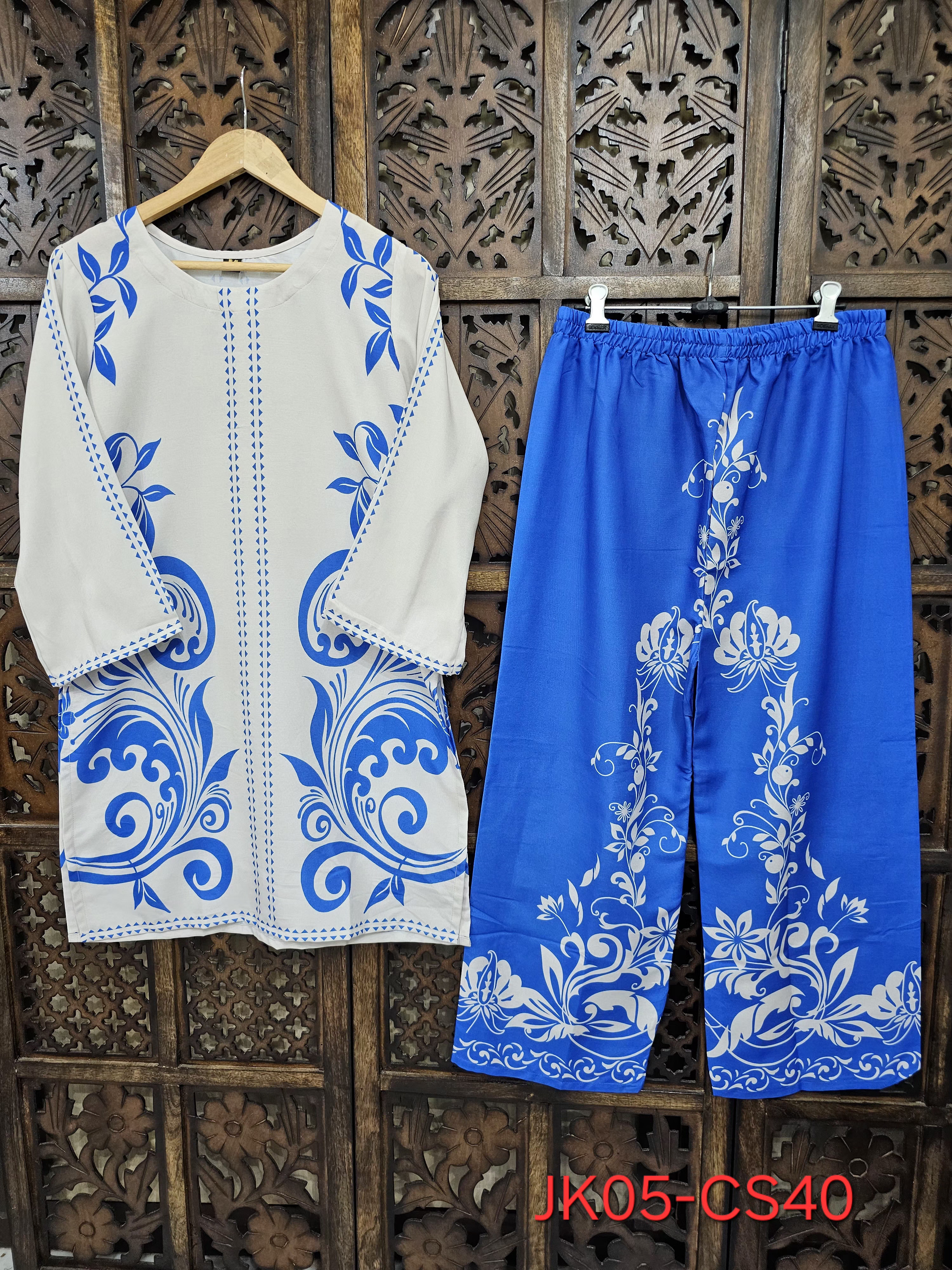 Blue White Rayon Straight Baroque Print Kurta Pant Co-Ord Set view 1