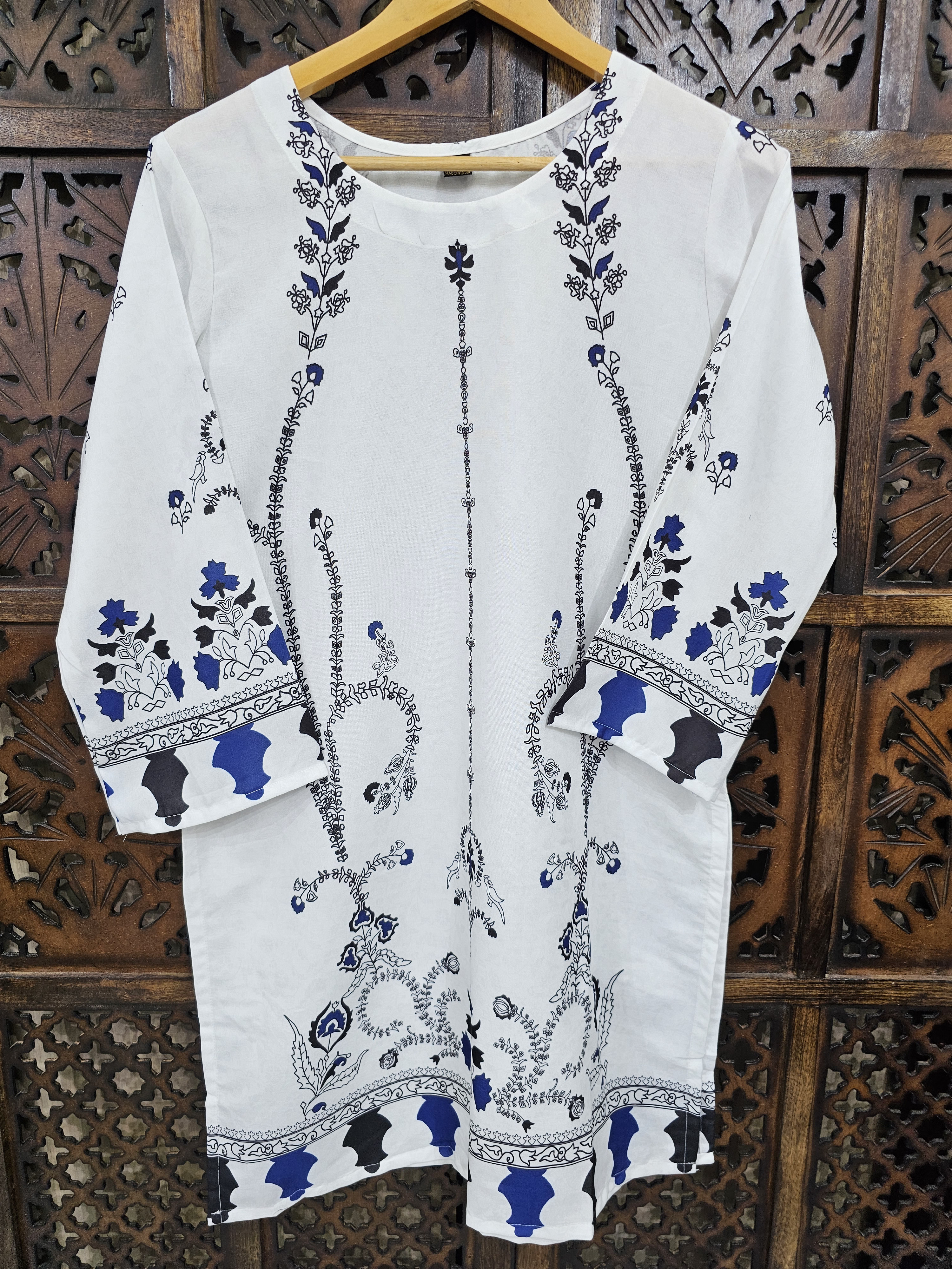 White Blue Rayon Straight Ethnic Print Kurta Pant Co-Ord Set alternate