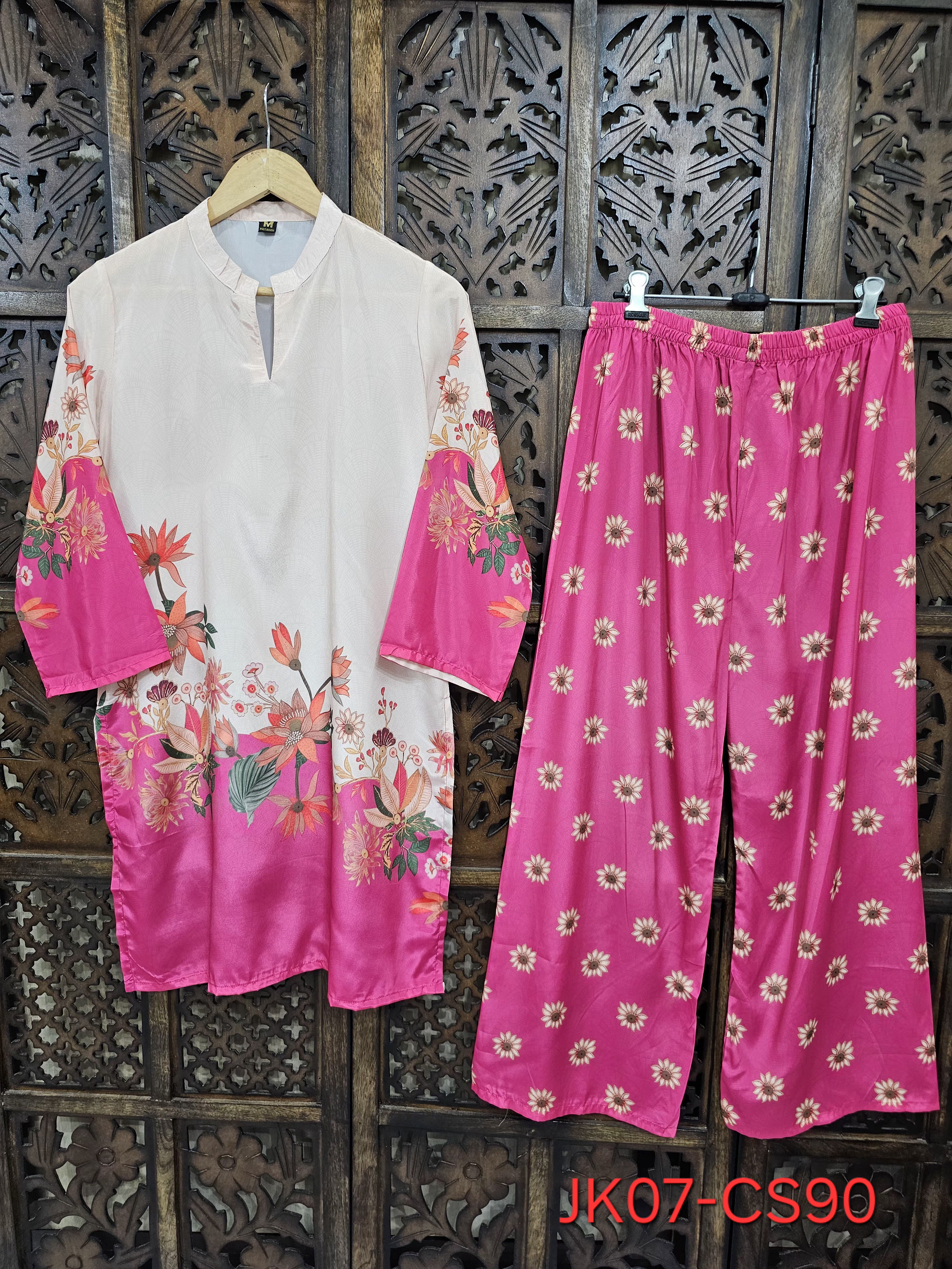 Pink Off White Crepe Straight Floral Print Co-Ord Set