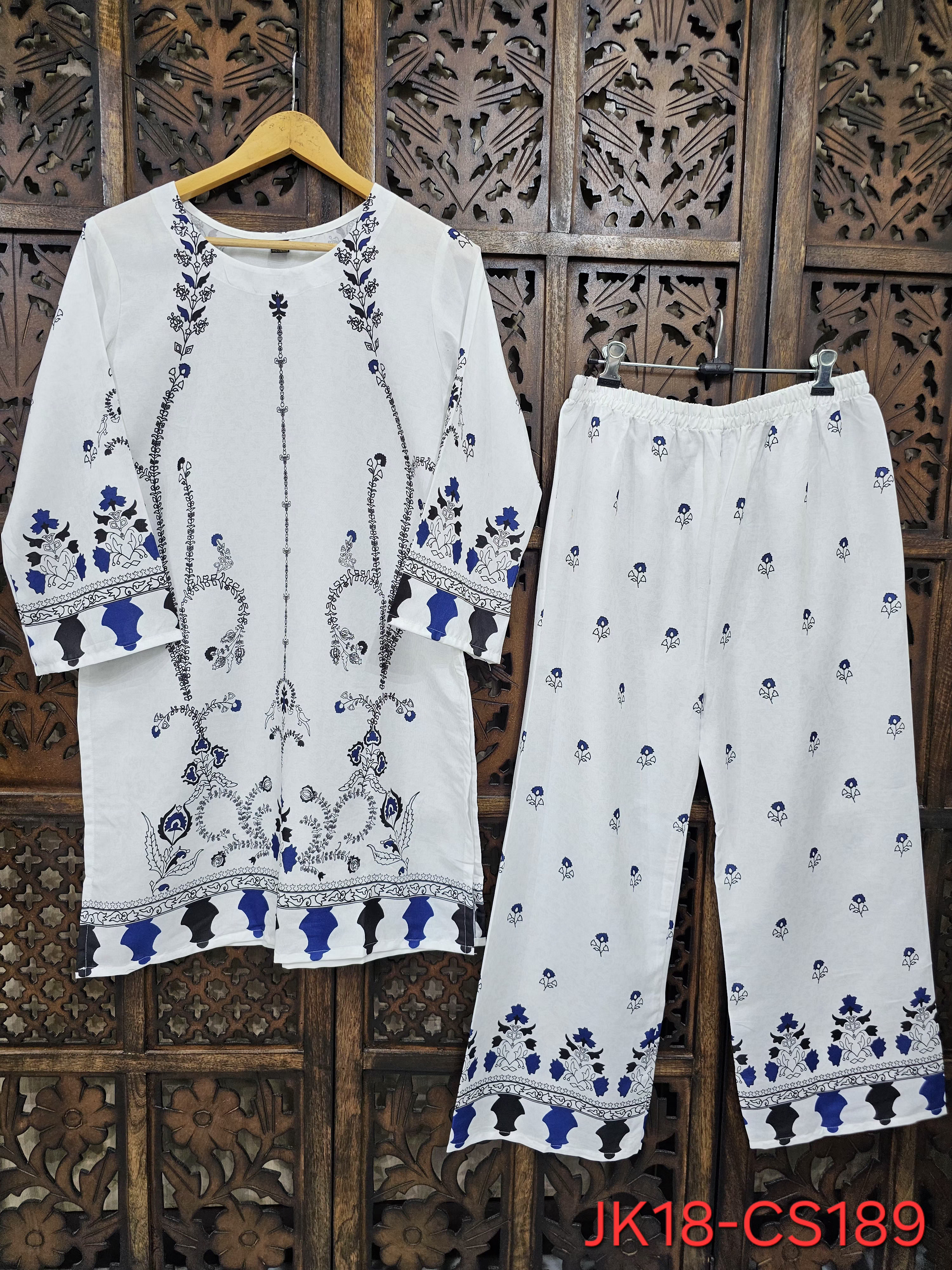 White Blue Rayon Straight Ethnic Print Kurta Pant Co-Ord Set