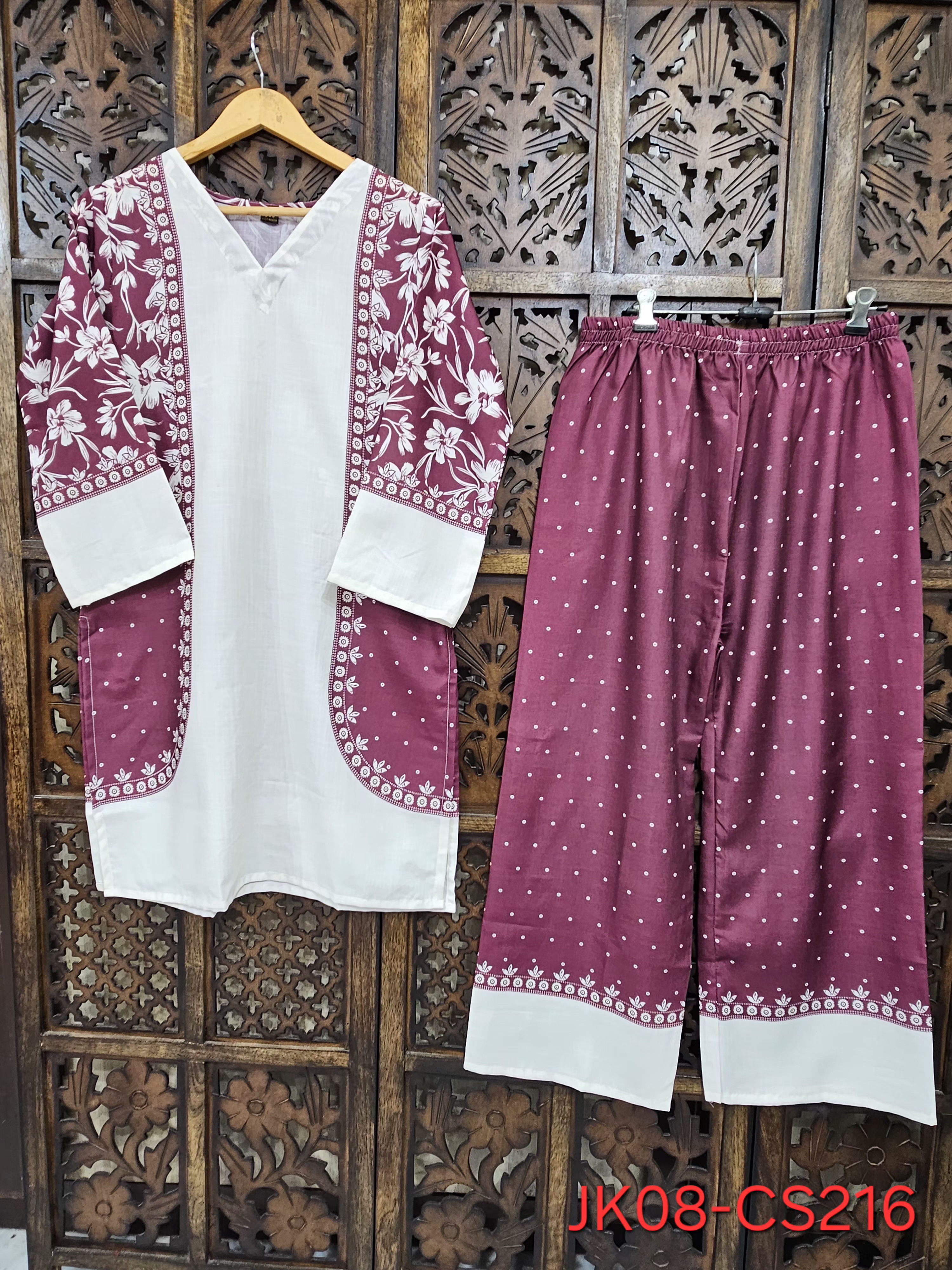 Maroon White Turkish Slub Cotton Straight Floral Print Kurta Pant Co-Ord Set