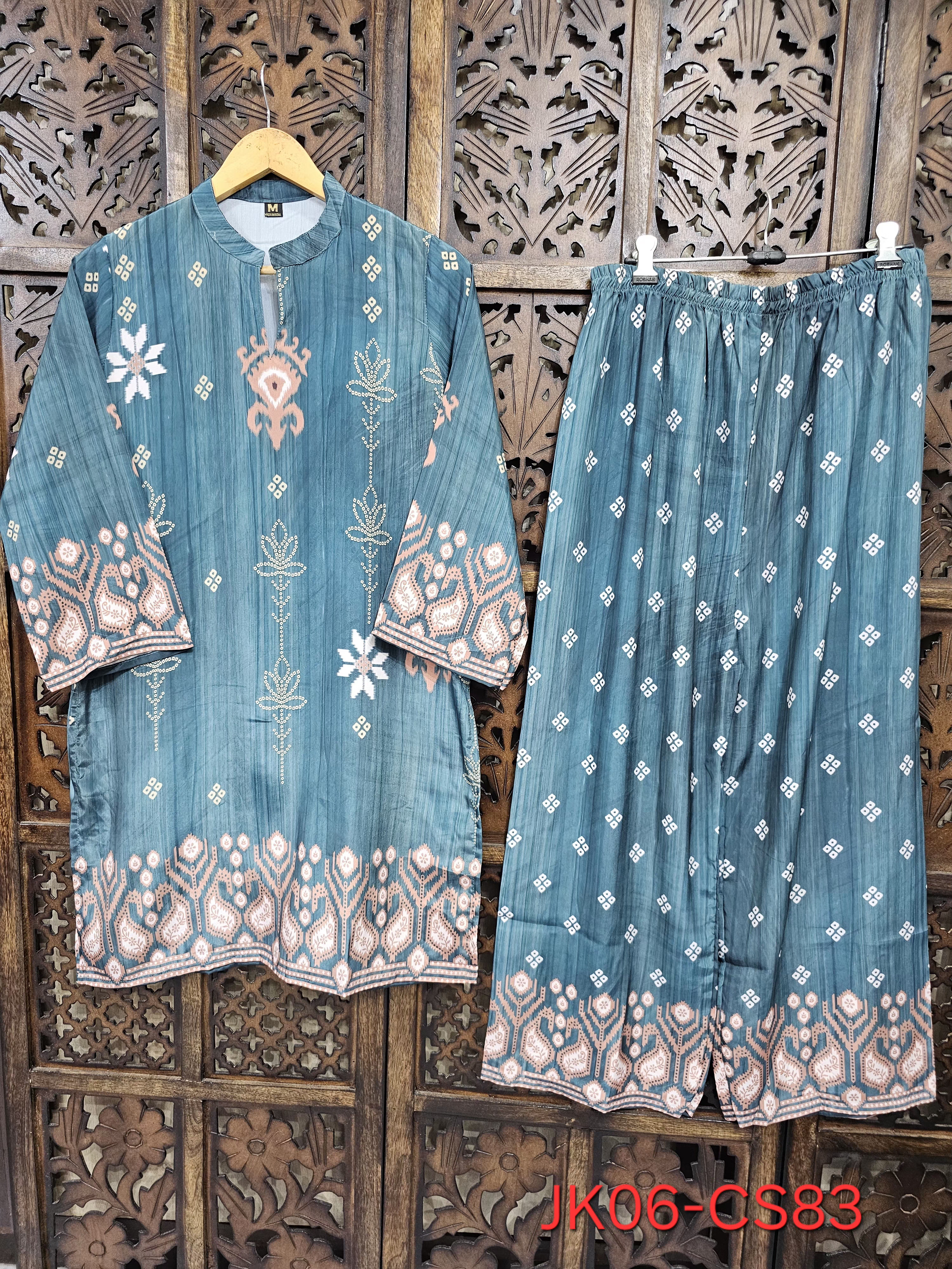 Teal Crepe Straight Ikat Print Kurta Palazzo Co-Ord Set
