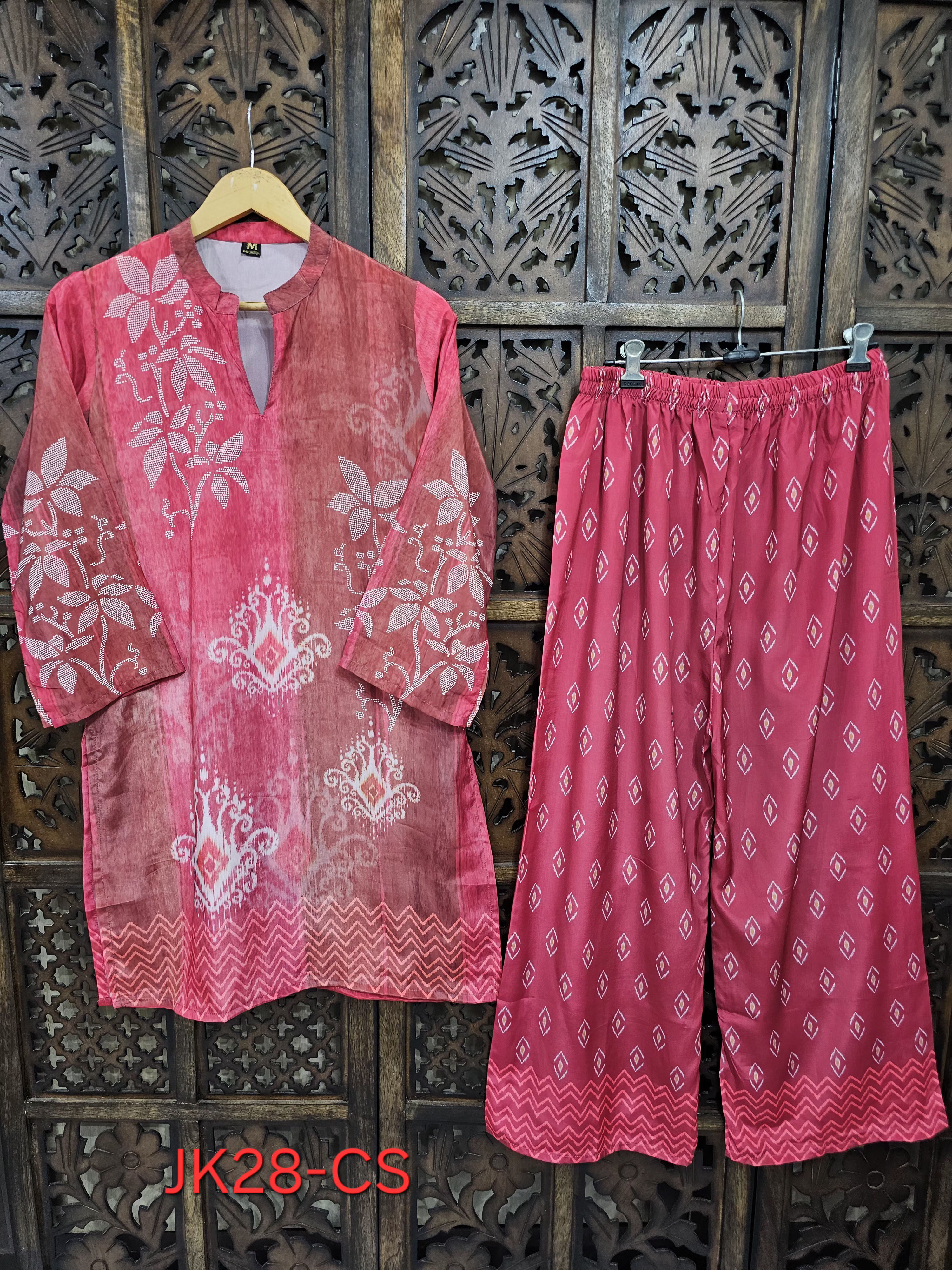 Pink Crepe Straight Floral Print Kurta Palazzo Co-Ord Set view 1