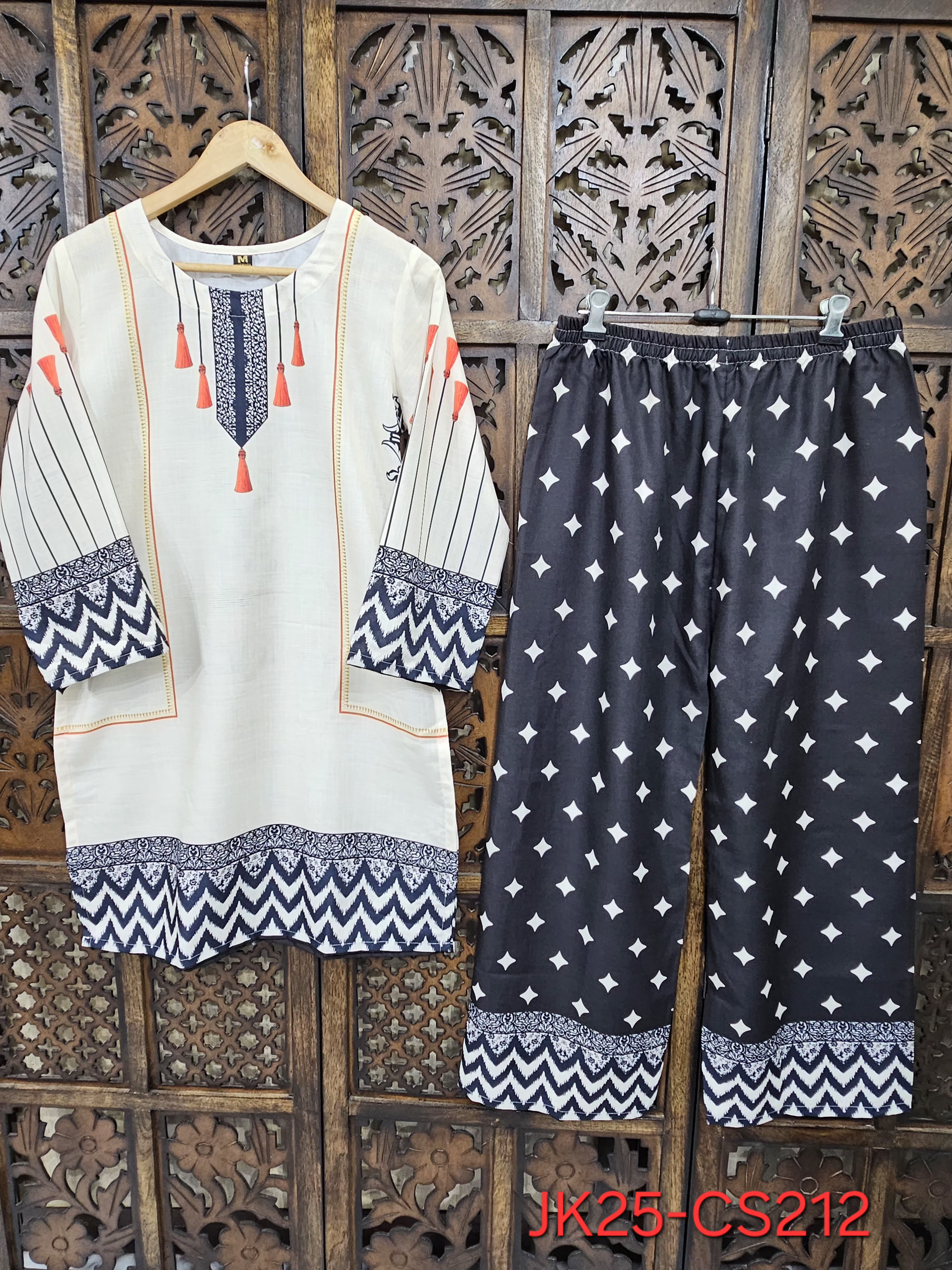 Black White Turkish Slub Cotton Straight Kurta Pant Co-Ord Set