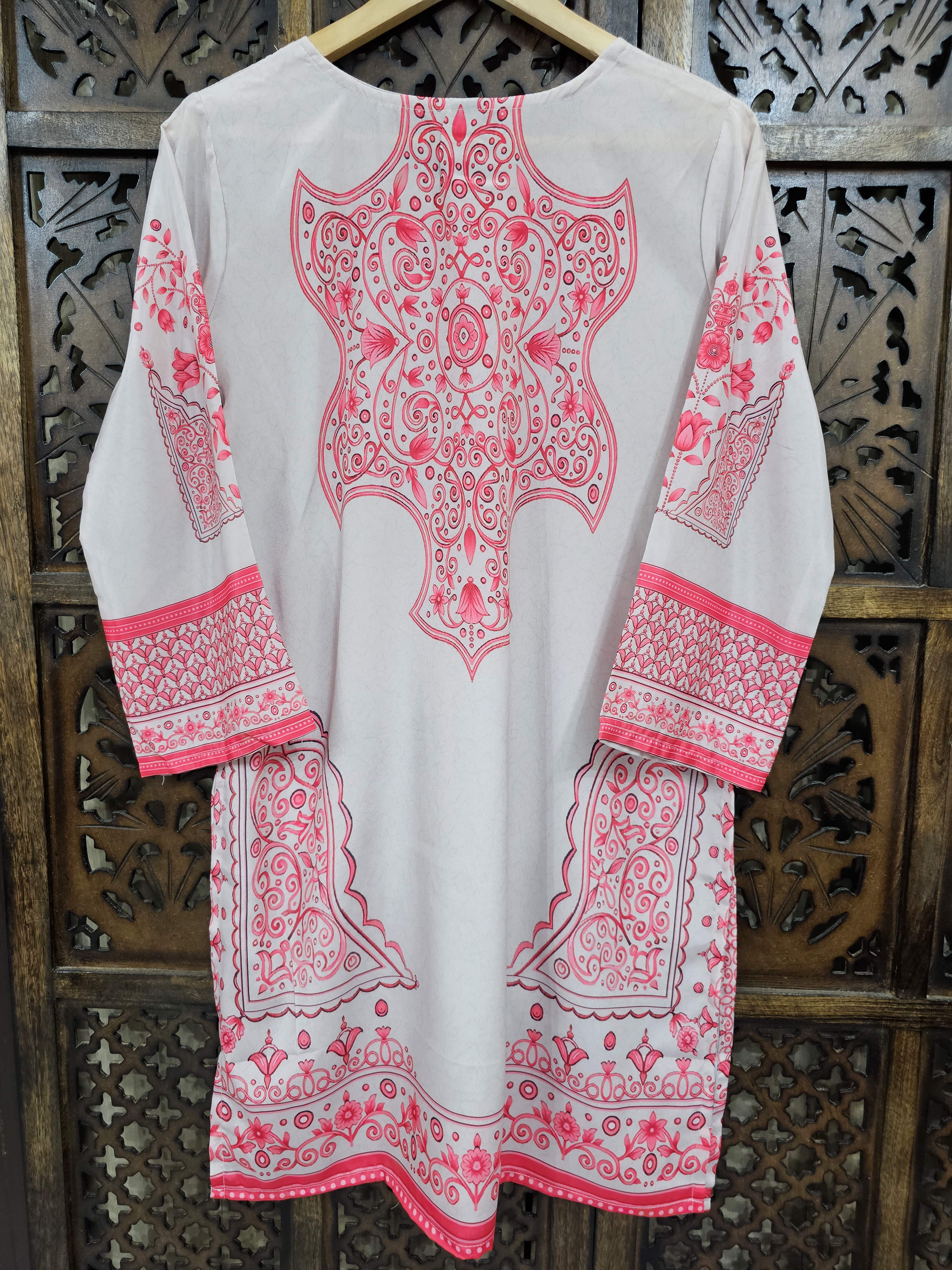 White Pink Crepe Straight Ethnic Print Kurta Pant Co-Ord Set view 3