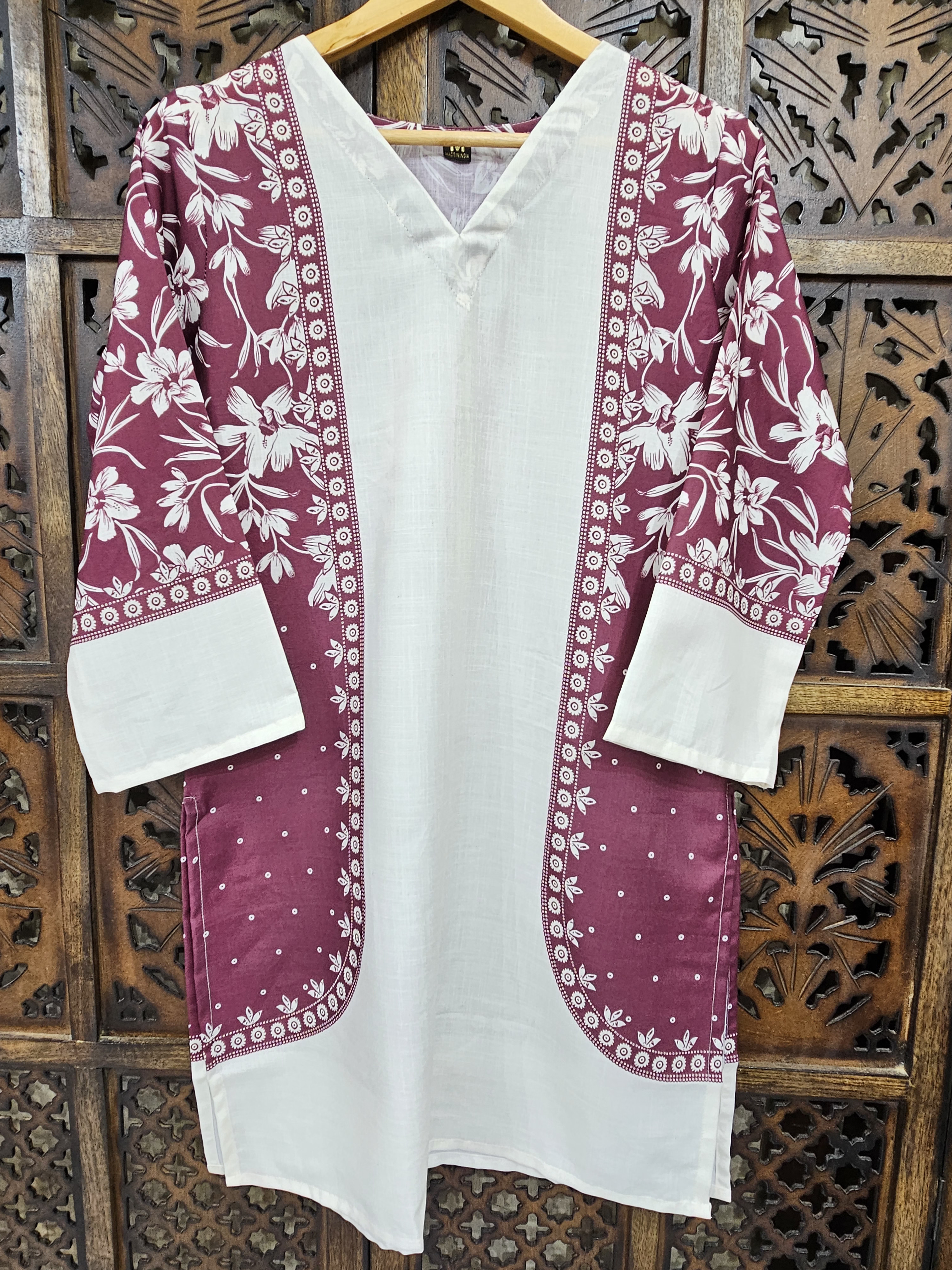 Maroon White Turkish Slub Cotton Straight Floral Print Kurta Pant Co-Ord Set view 2