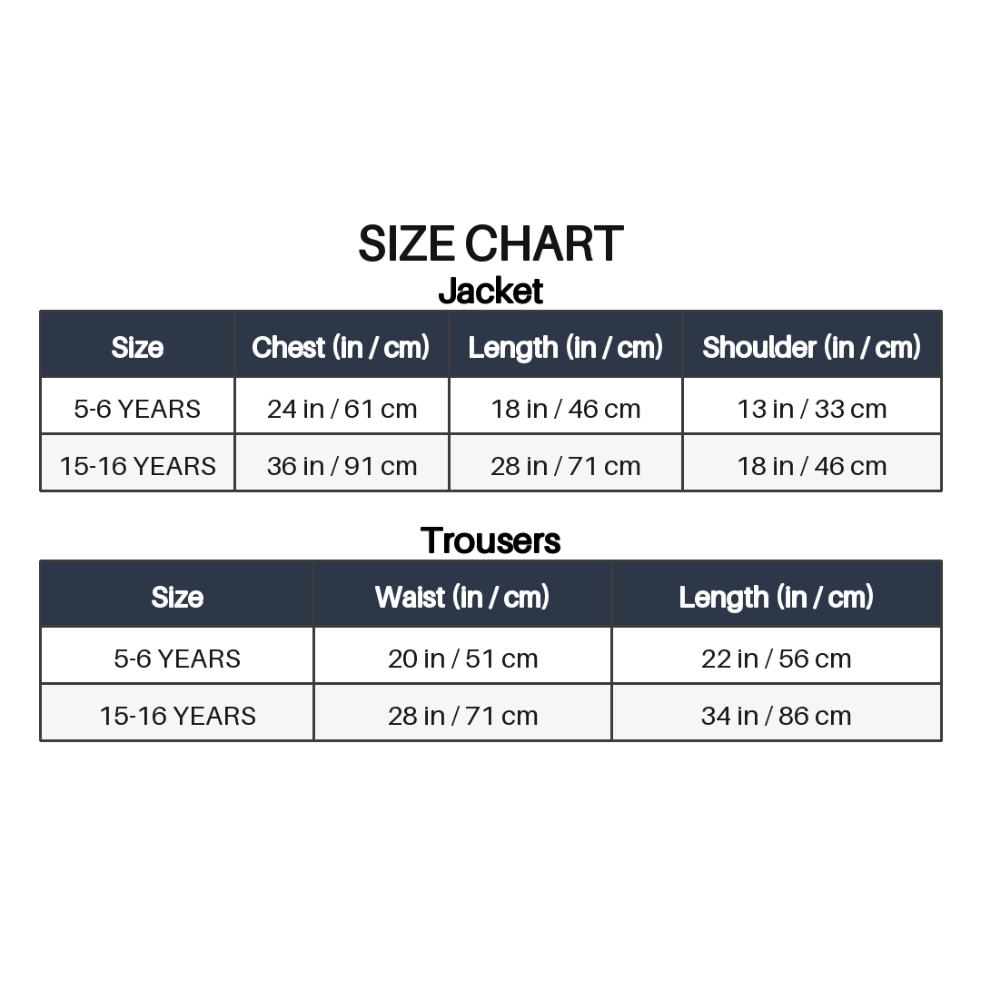Boys Teal Blue 5 Piece Formal Suit size chart