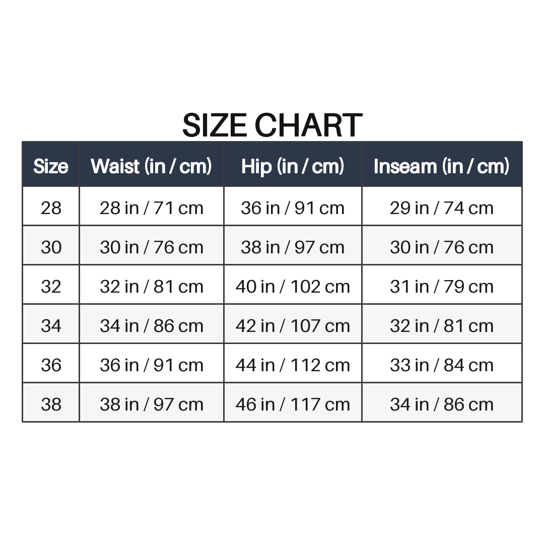 Men's Dark Olive Slim Fit Cotton Stretch pants size chart