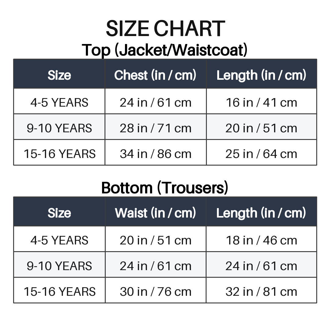 Boys Navy Blue 5 Piece Formal Suit for wedding and party wear size chart