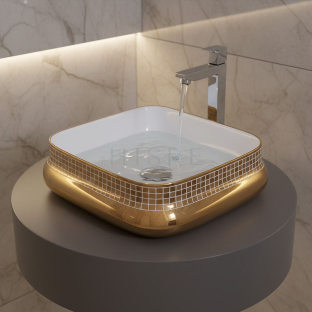 Gold Marble Bathroom Mosaic Over Counter Wash Basin