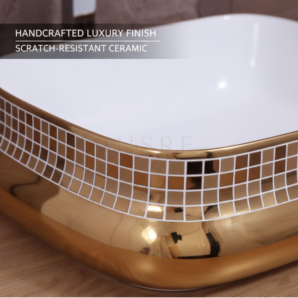 Gold Marble Bathroom Mosaic Over Counter Wash Basin, photo 3 of 5