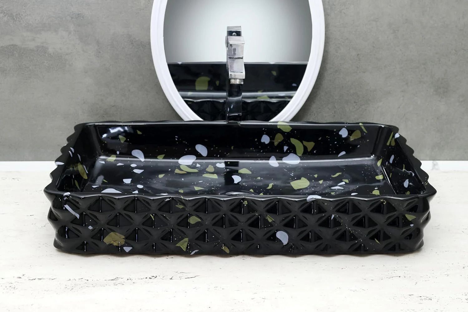 Black Ceramic Glossy Slim Rim Rectangular Table Top Wash Basin, photo 2 of 4