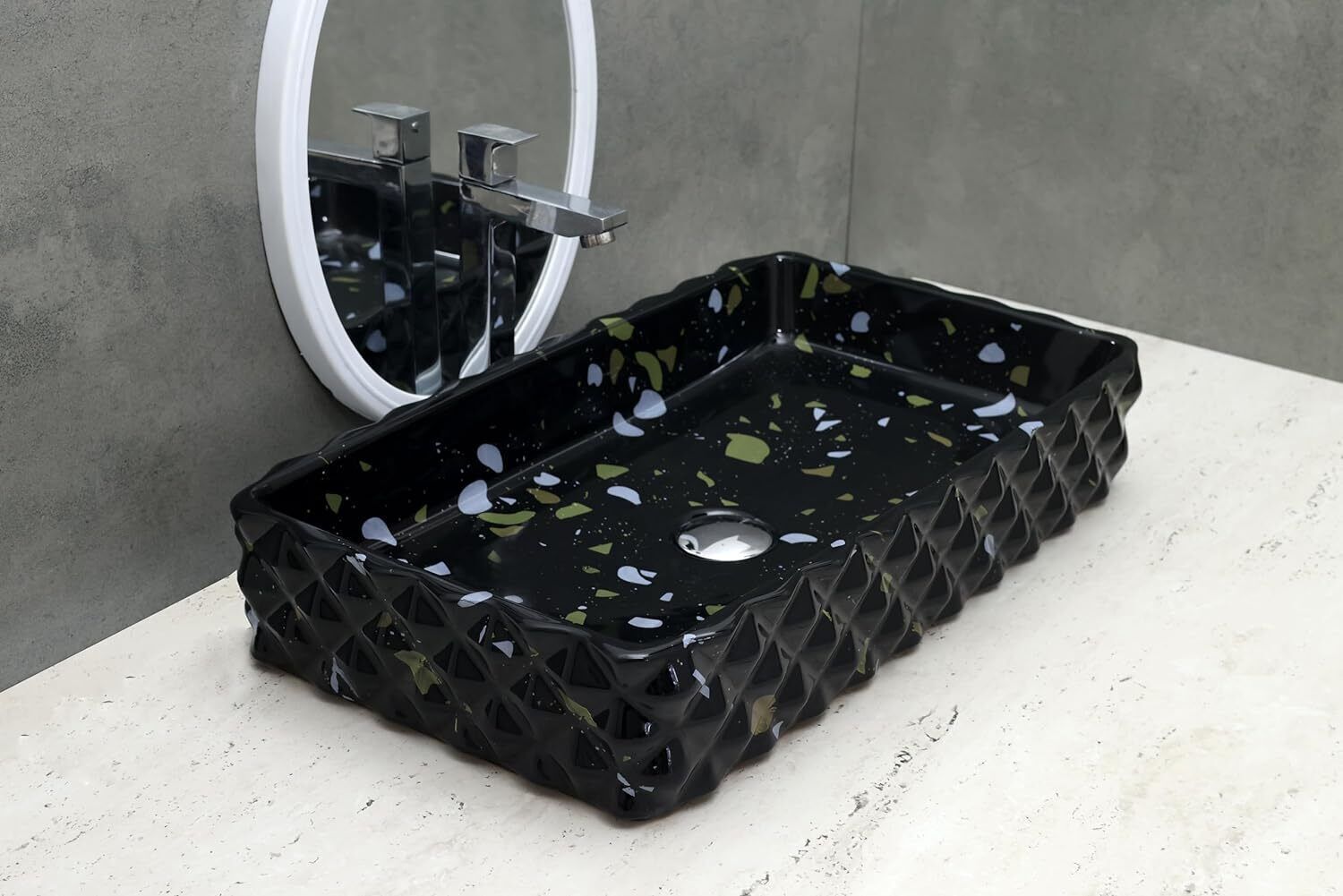 Black Ceramic Glossy Slim Rim Rectangular Table Top Wash Basin, photo 3 of 4