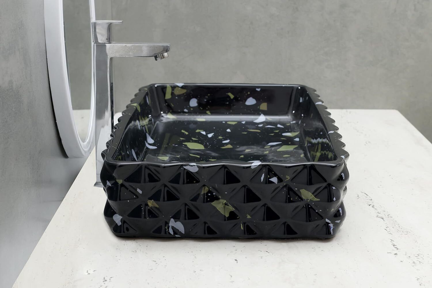 Black Ceramic Glossy Slim Rim Rectangular Table Top Wash Basin, photo 4 of 4