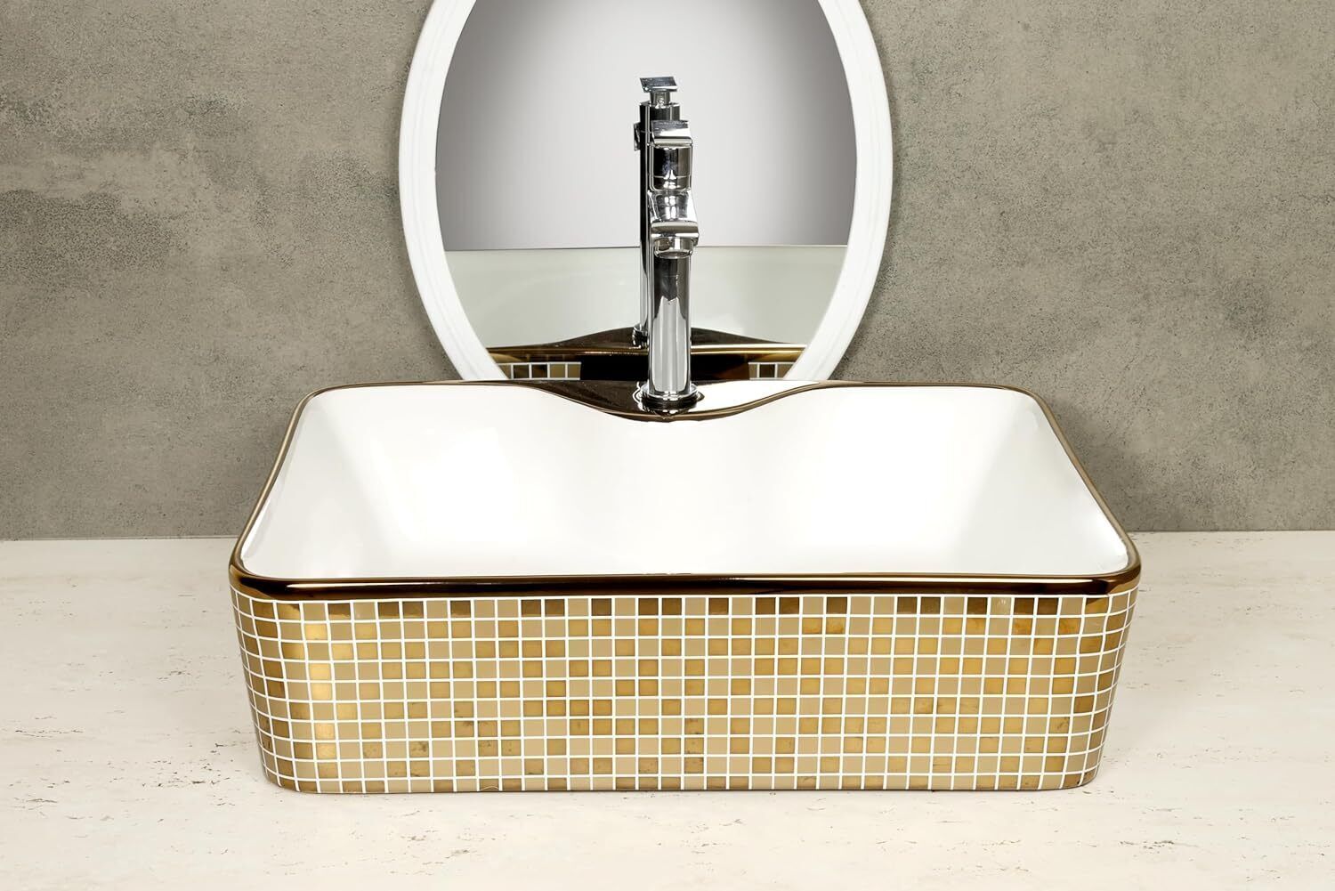 Gold And White Ceramic Glossy Golden Mosaic Oval Table Top Wash Basin