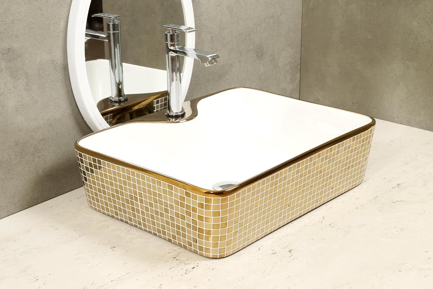 Gold And White Ceramic Glossy Golden Mosaic Oval Table Top Wash Basin, photo 2 of 4