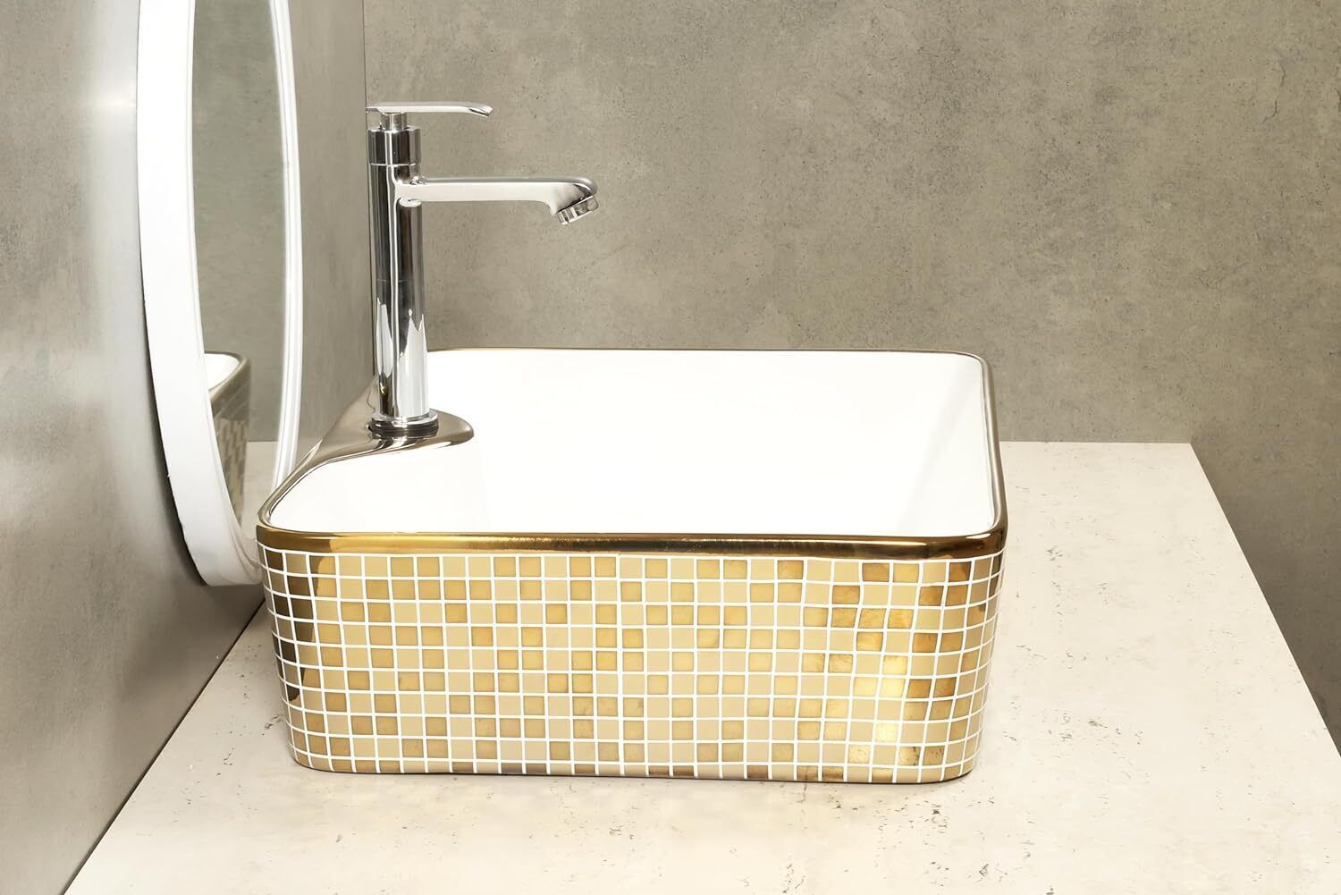 Gold And White Ceramic Glossy Golden Mosaic Oval Table Top Wash Basin, photo 3 of 4