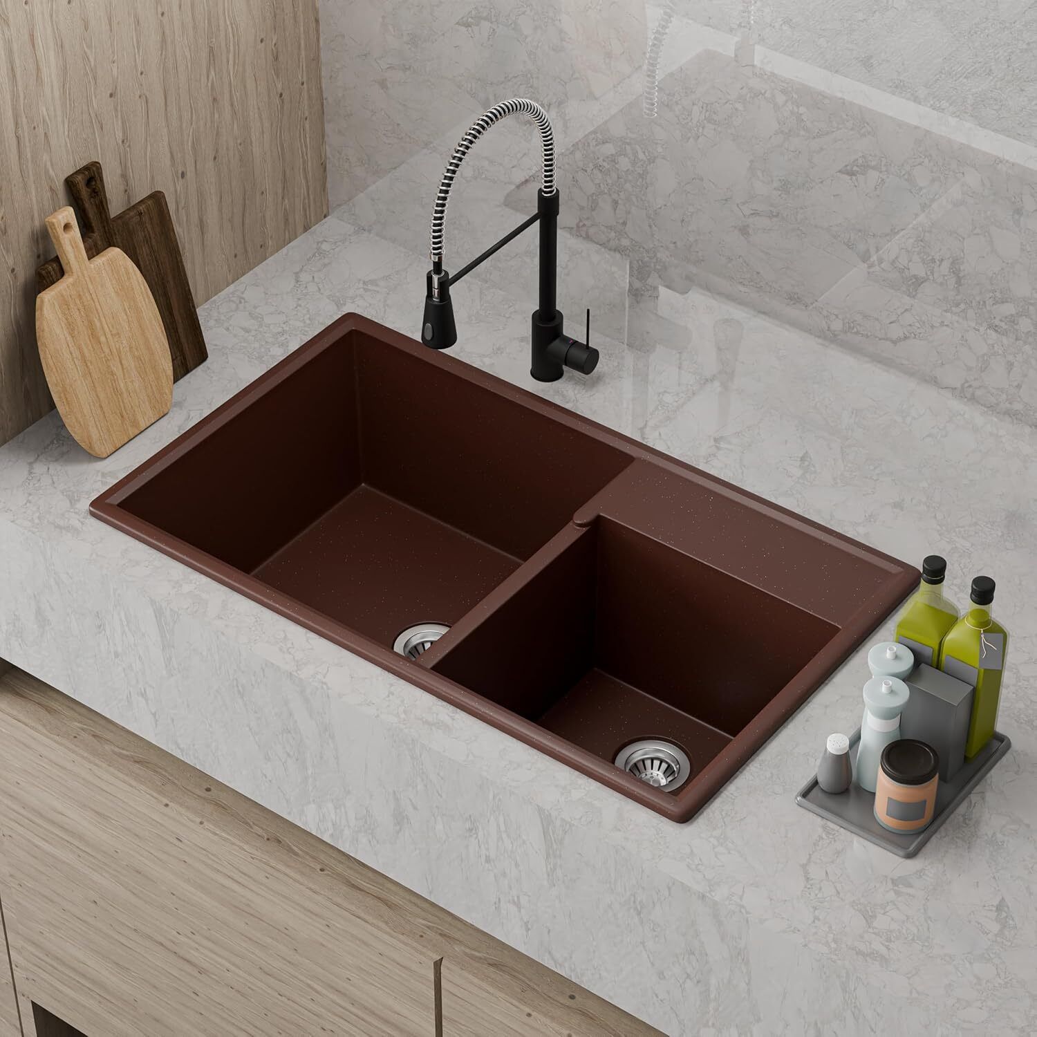 Brown Granite Modern Double Bowl Kitchen Sink