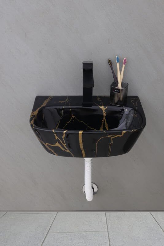 Black Ceramic Modern Gold Marble Over Counter Wash Basin, photo 2 of 3