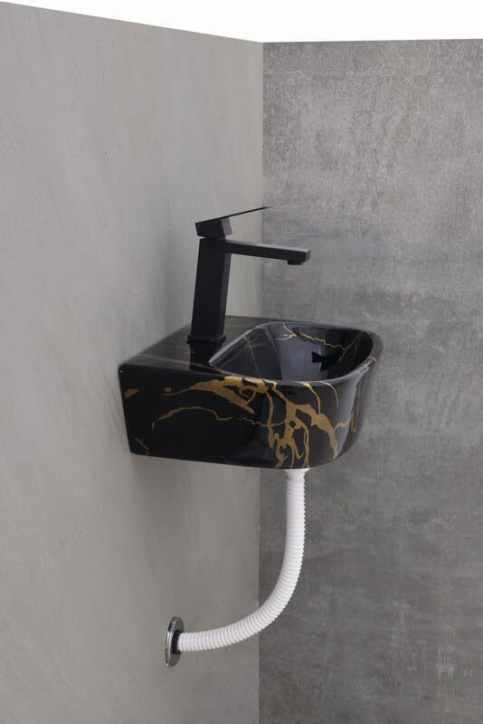 Black Ceramic Modern Gold Marble Over Counter Wash Basin, photo 3 of 3