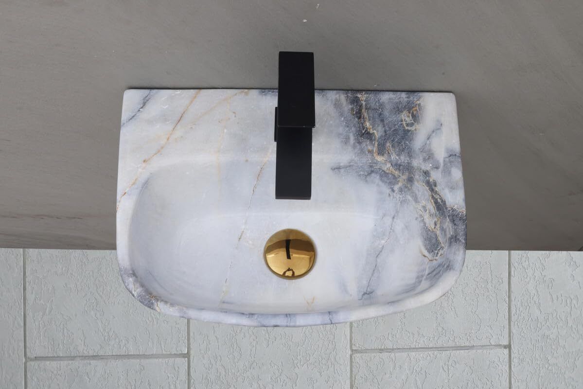 White Ceramic Modern Grey Gold Marble Table Top Wash Basin, photo 2 of 4