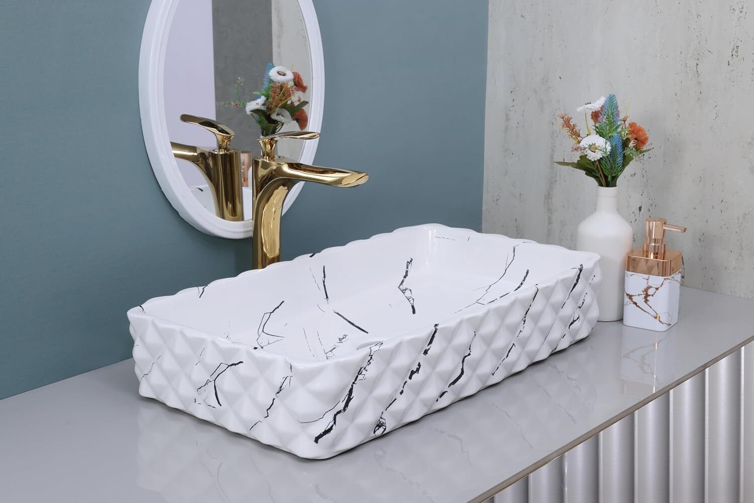 White Ceramic Slim Rim Rectangular Table Top Wash Basin