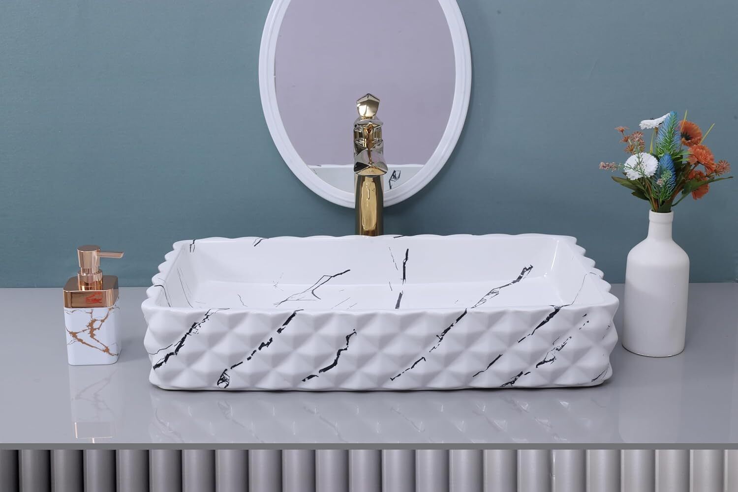White Ceramic Slim Rim Rectangular Table Top Wash Basin, photo 2 of 4