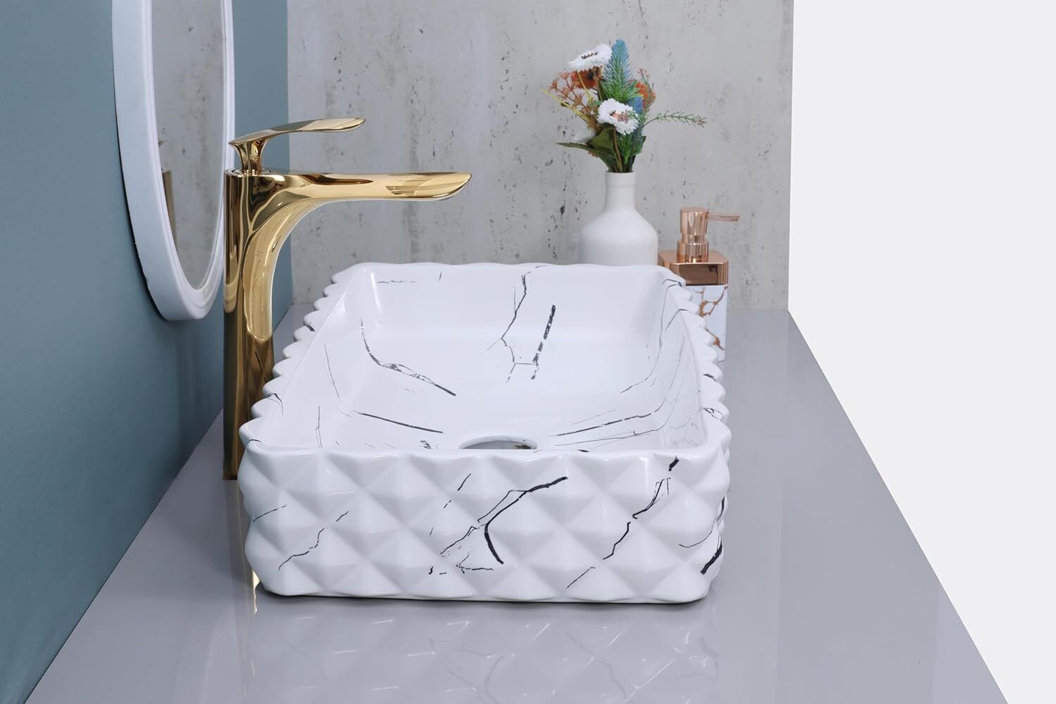 White Ceramic Slim Rim Rectangular Table Top Wash Basin, photo 3 of 4
