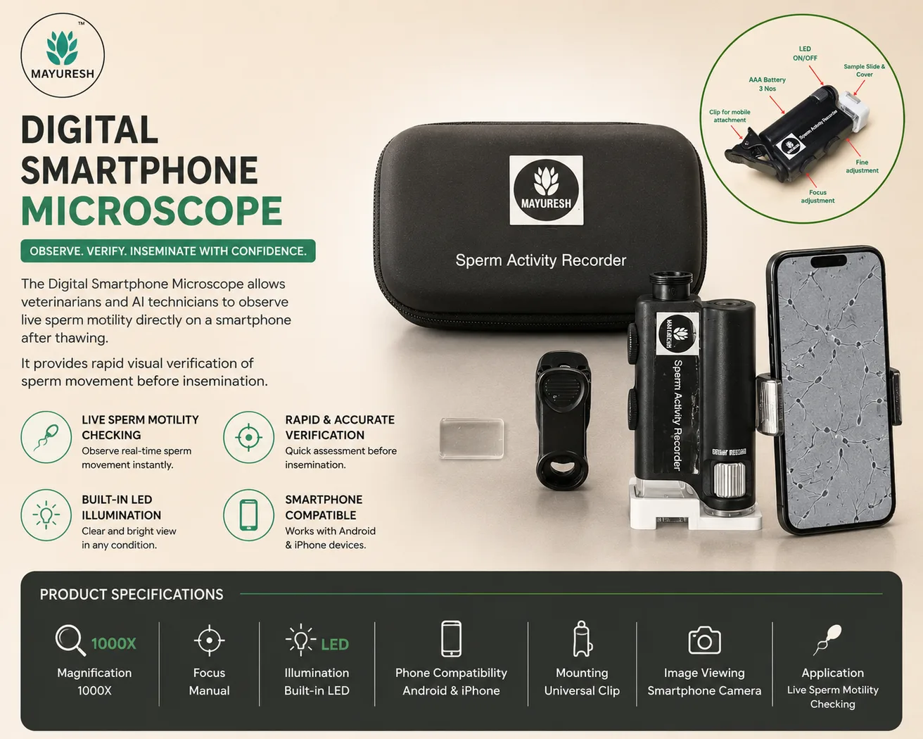Digital Smartphone Microscope + AI Thawing Monitor + Straw Cutter  - Upkaran