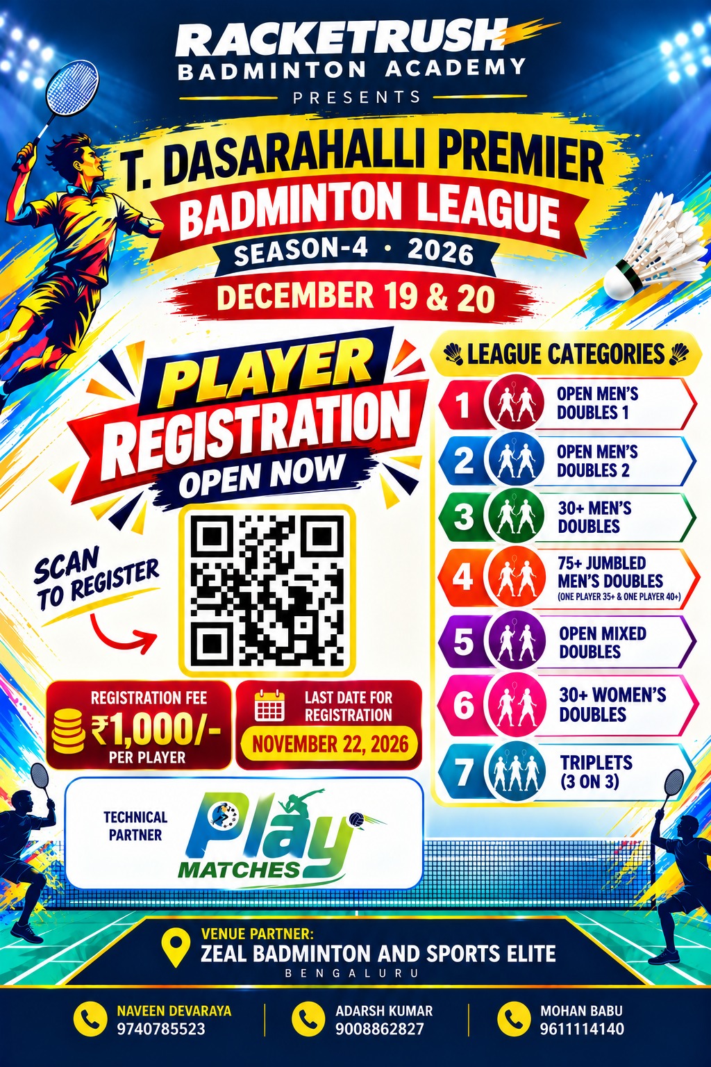 Racket Rush Badminton Academy Presents T. Dasarahalli Badminton Premier League - Season 4 - 2026