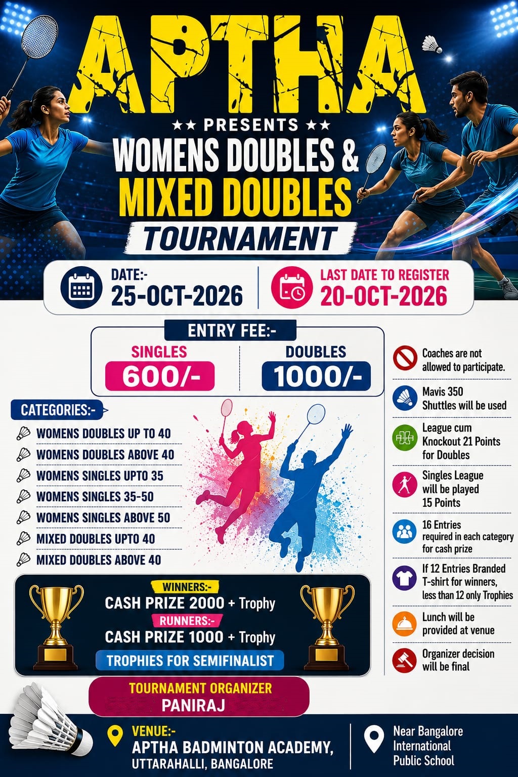 APTHA BADMINTON ACADEMY - Womens Singles / Doubles & Mixed Doubles Tournament