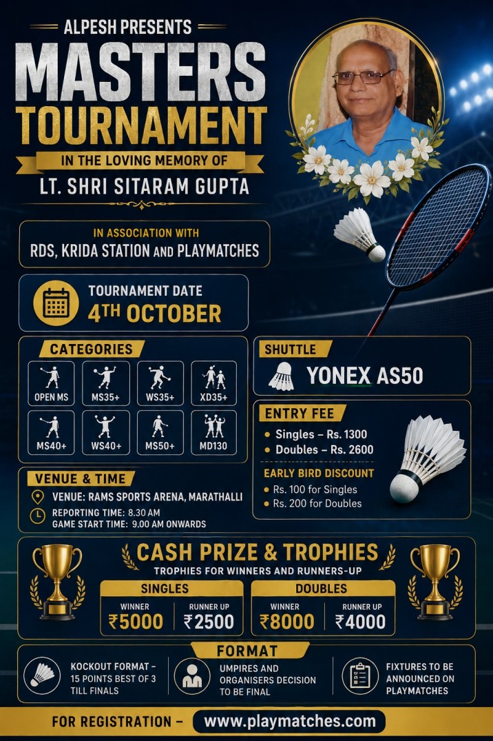 Alpesh presents Masters Tournament in the loving memory of Lt. Shri Sitaram Gupta in association with RDS, Krida Station and Playmatches