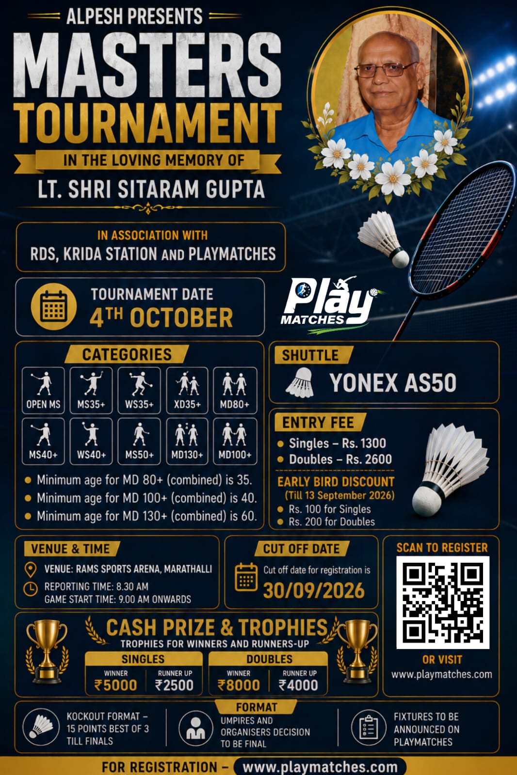 Alpesh presents Masters Tournament in the loving memory of Lt. Shri Sitaram Gupta in association with RDS, Krida Station and Playmatches