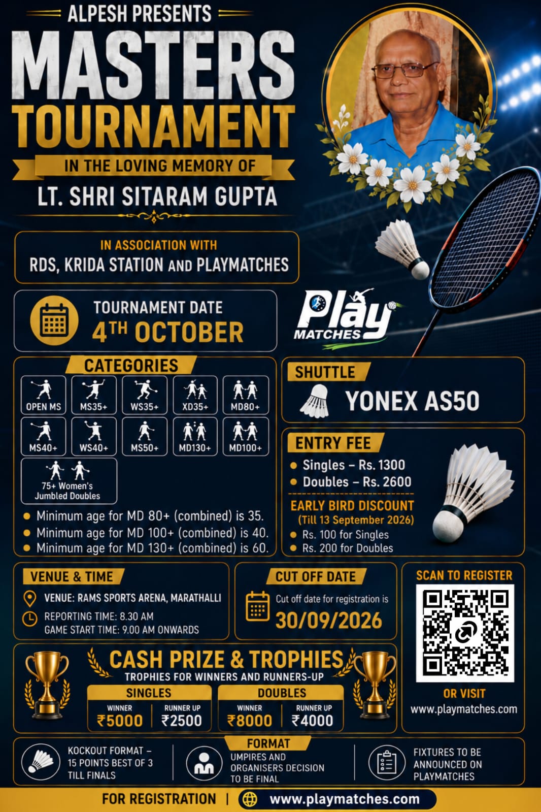 Alpesh presents Masters Tournament in the loving memory of Lt. Shri Sitaram Gupta in association with RDS, Krida Station and Playmatches