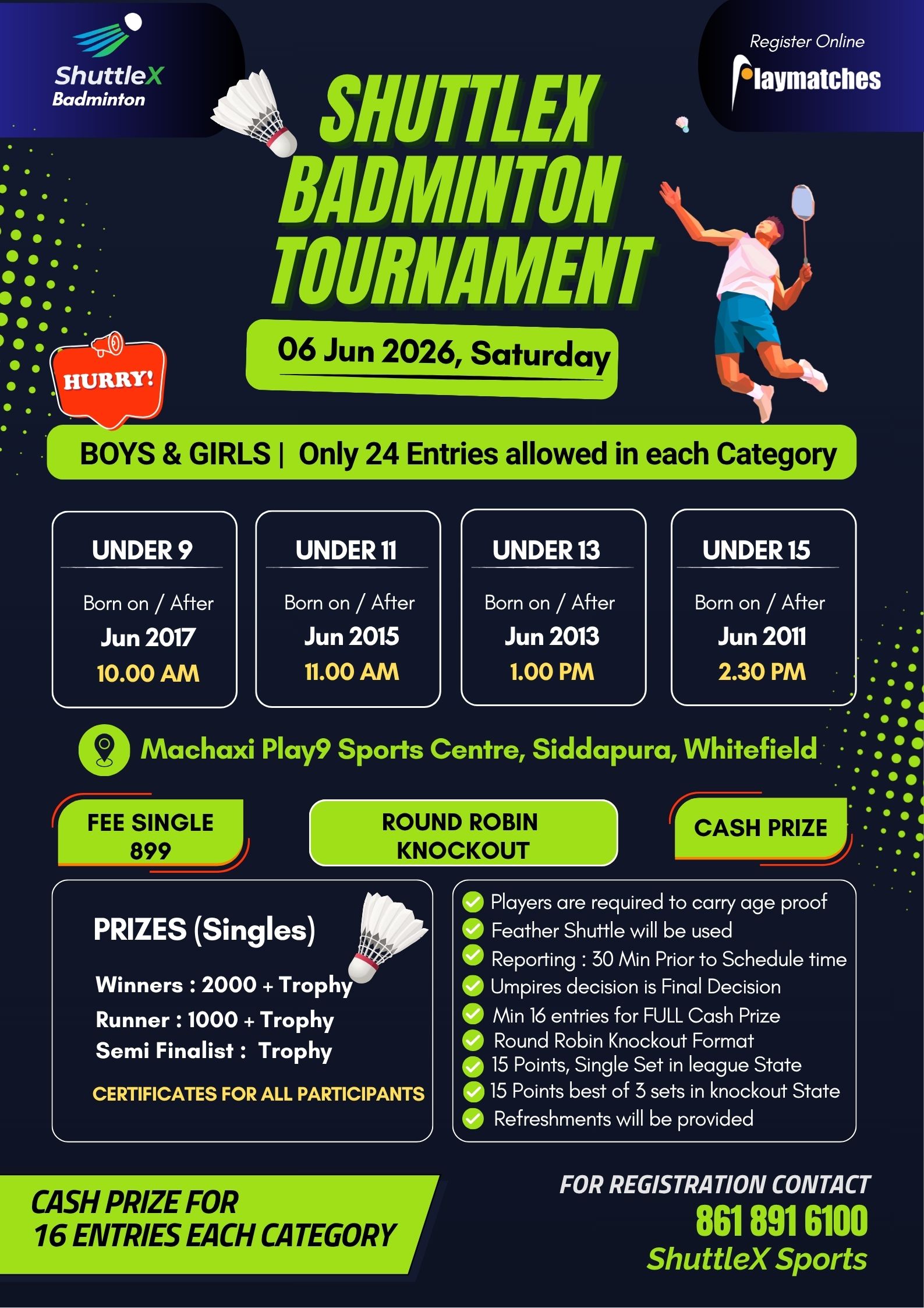 ShuttleX Cup - Open Junior Badminton Tournament - Round Robin - Cash Prize