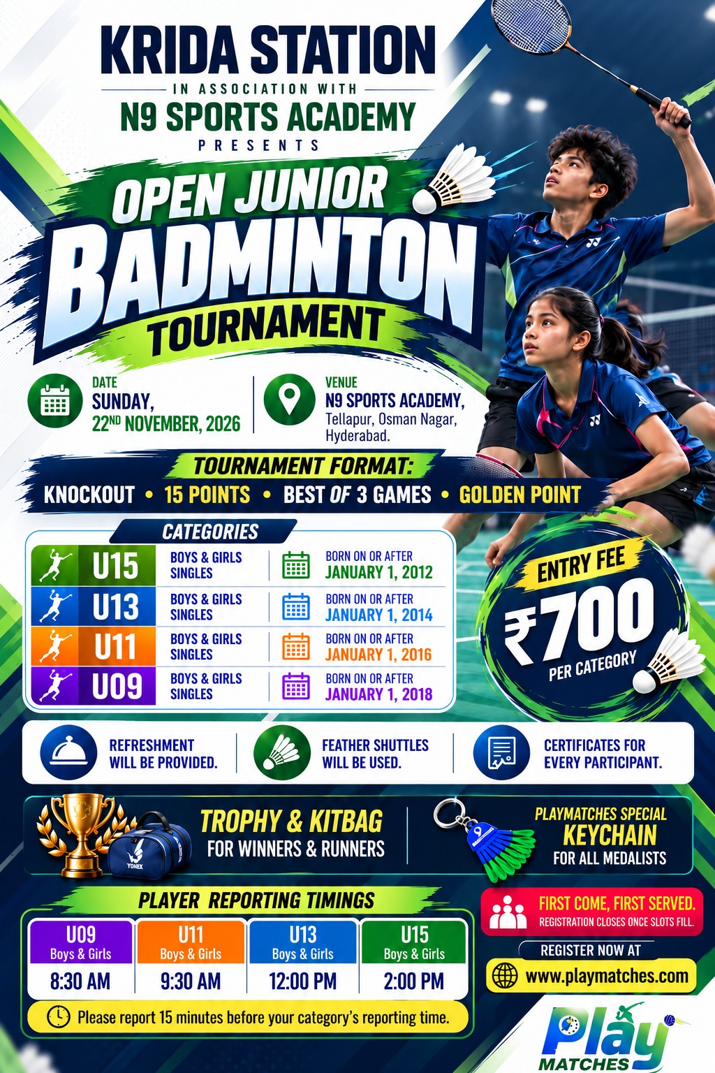 KRIDA STATION Γ N9 SPORTS ACADEMY PRESENTS β OPEN JUNIOR BADMINTON TOURNAMENT 2026! π