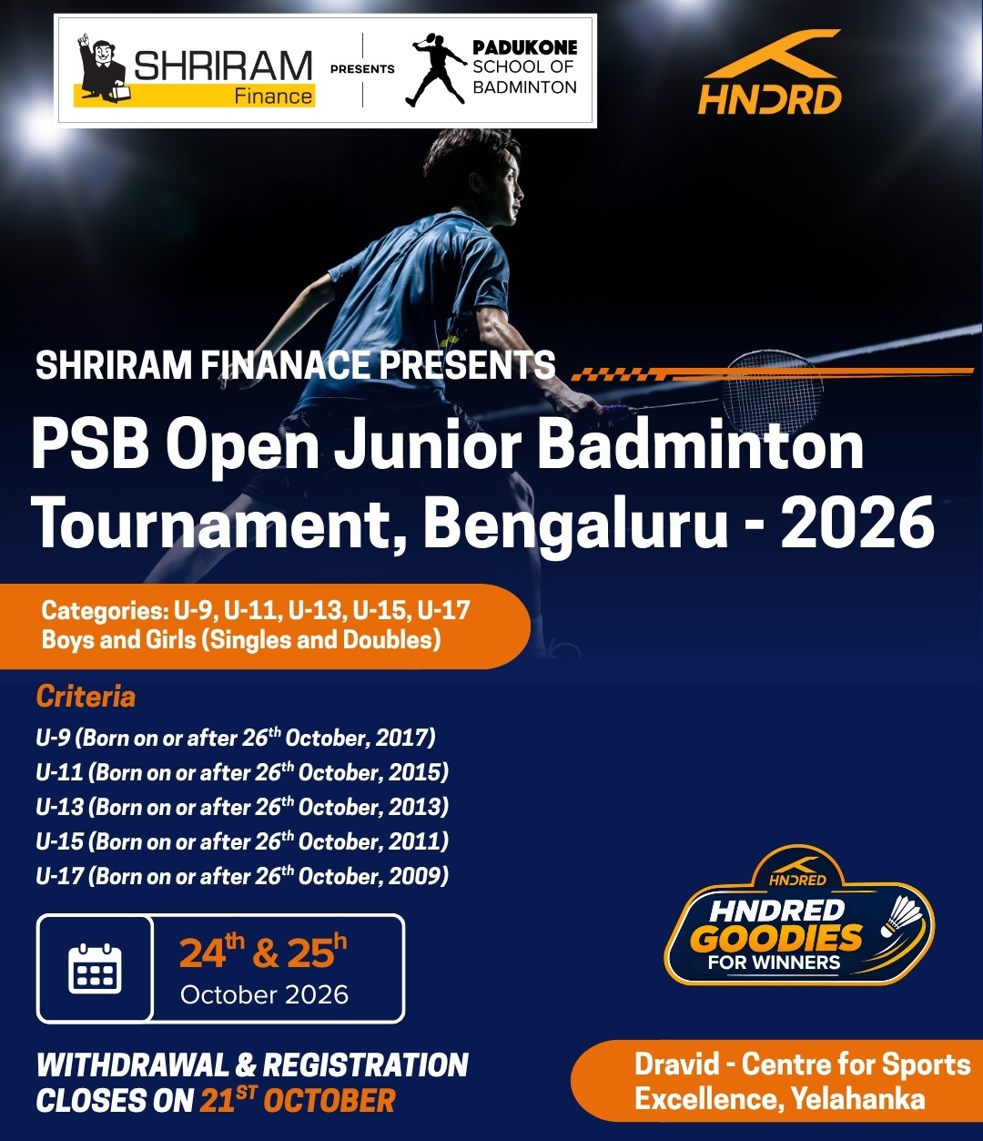 Shriram Finance Presents - PSB Open Junior Badminton Tournament, October