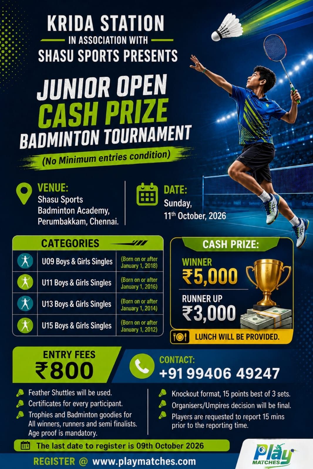 Krida Station in Association with Shasu Sports Presents Junior Open Cash Prize Badminton Tournament (No Minimum entries condition)
