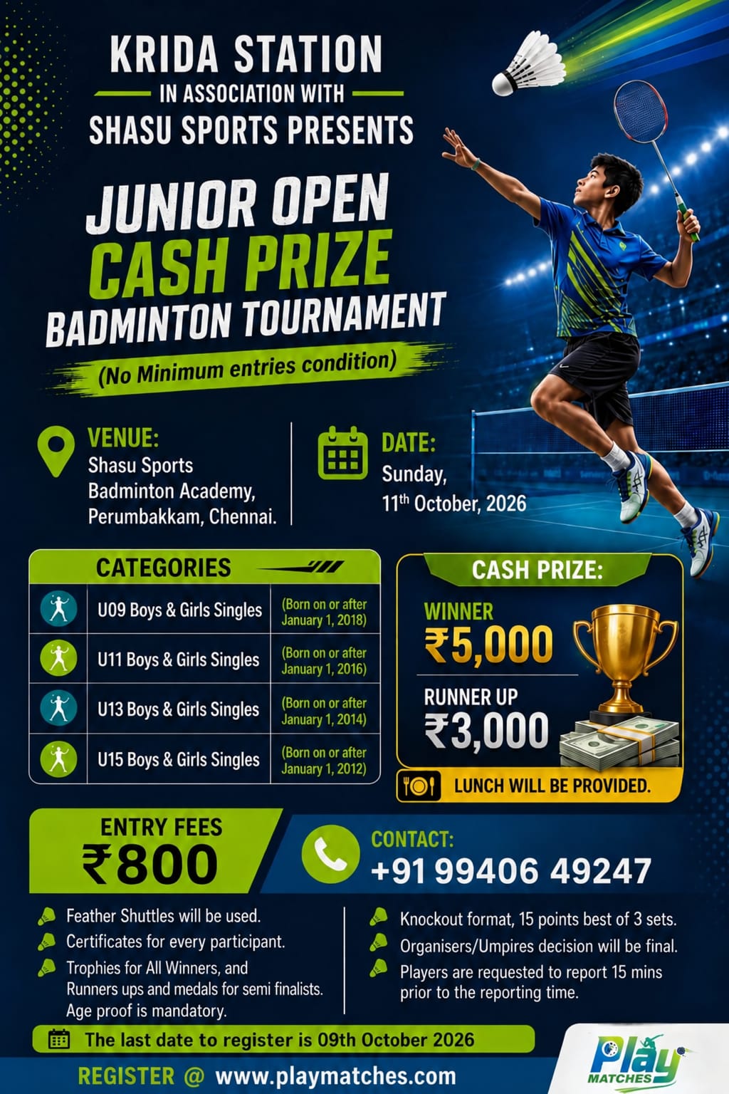 Krida Station in Association with Shasu Sports Presents Junior Open Cash Prize Badminton Tournament (No Minimum entries condition)