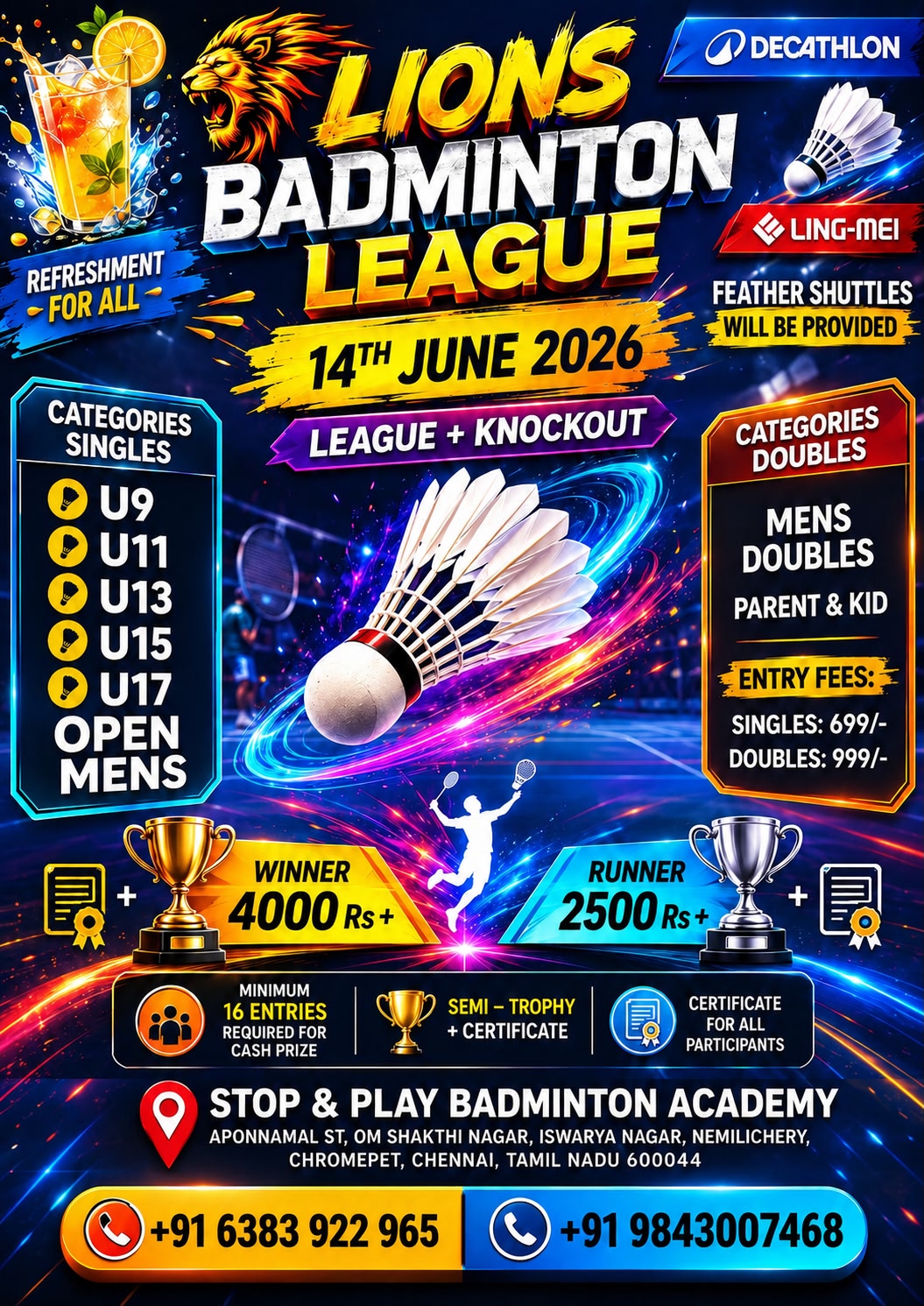 🏸🏸🔥Lions Badminton League - Stop and play academy 🔥🏸🏸